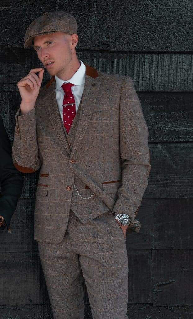 Marc Darcy DX7 Men's Tan Heritage Tweed Check Blazer - Classic Slim Fit Sports Coat for Business, Weddings & Formal Events