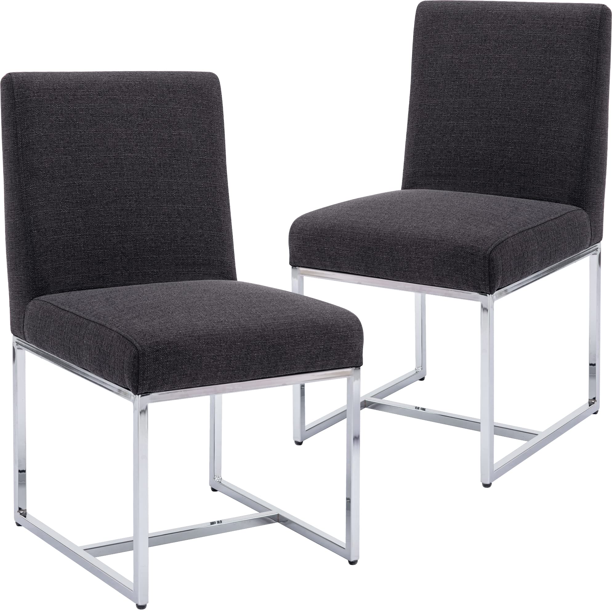 Modern Fabric Dining Chairs Set of 2 - Linen Upholstered Mid Century Armless Kitchen Chairs with Chrome Legs for Dining Room, Living Room & Office - Charcoal Gray