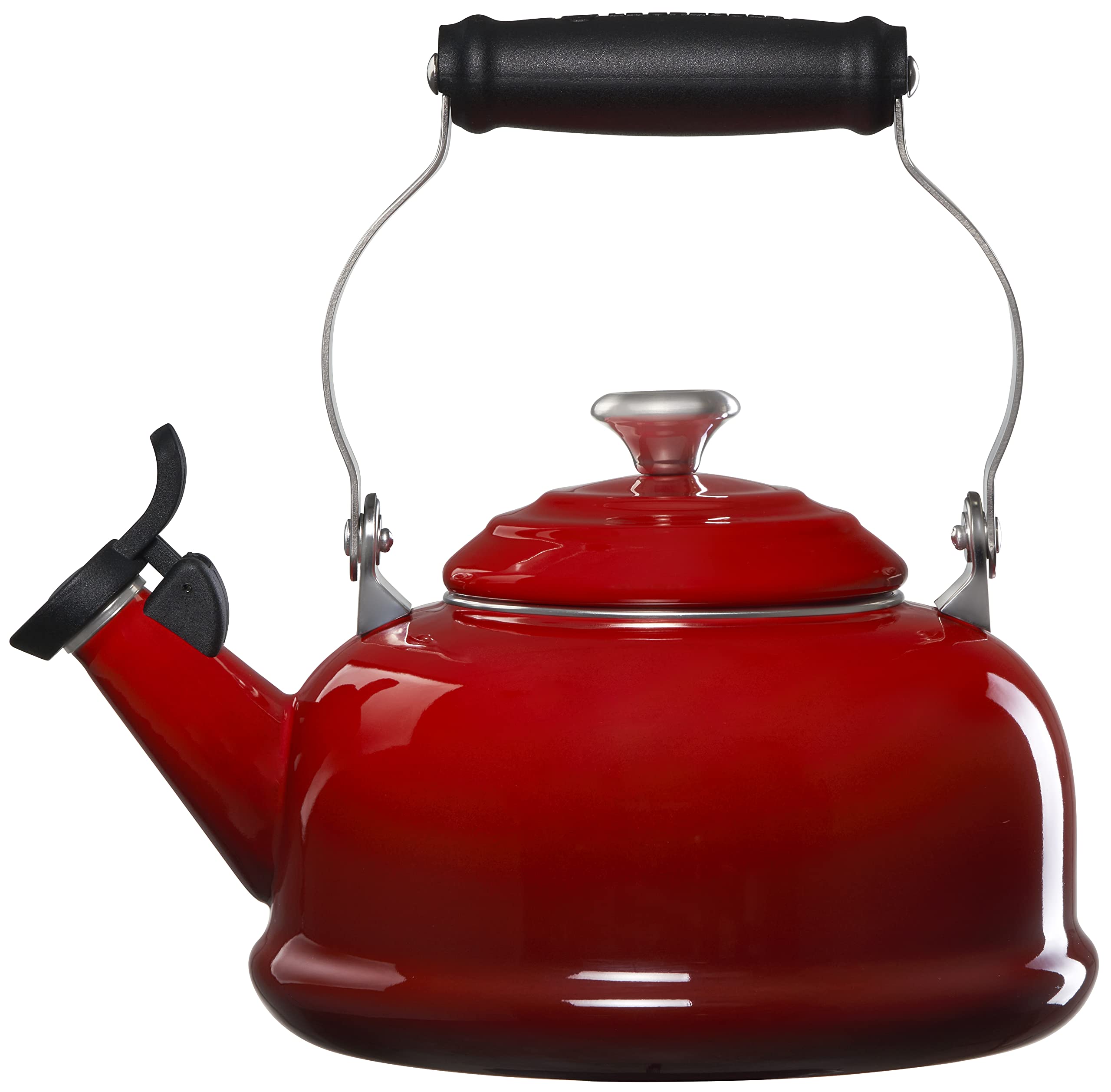Le Creuset 1.7 Quart Enameled Steel Whistling Tea Kettle with Metal Handle - Cherry Red | Perfect for Stovetop Brewing, Kitchen Decor & Gift Giving
