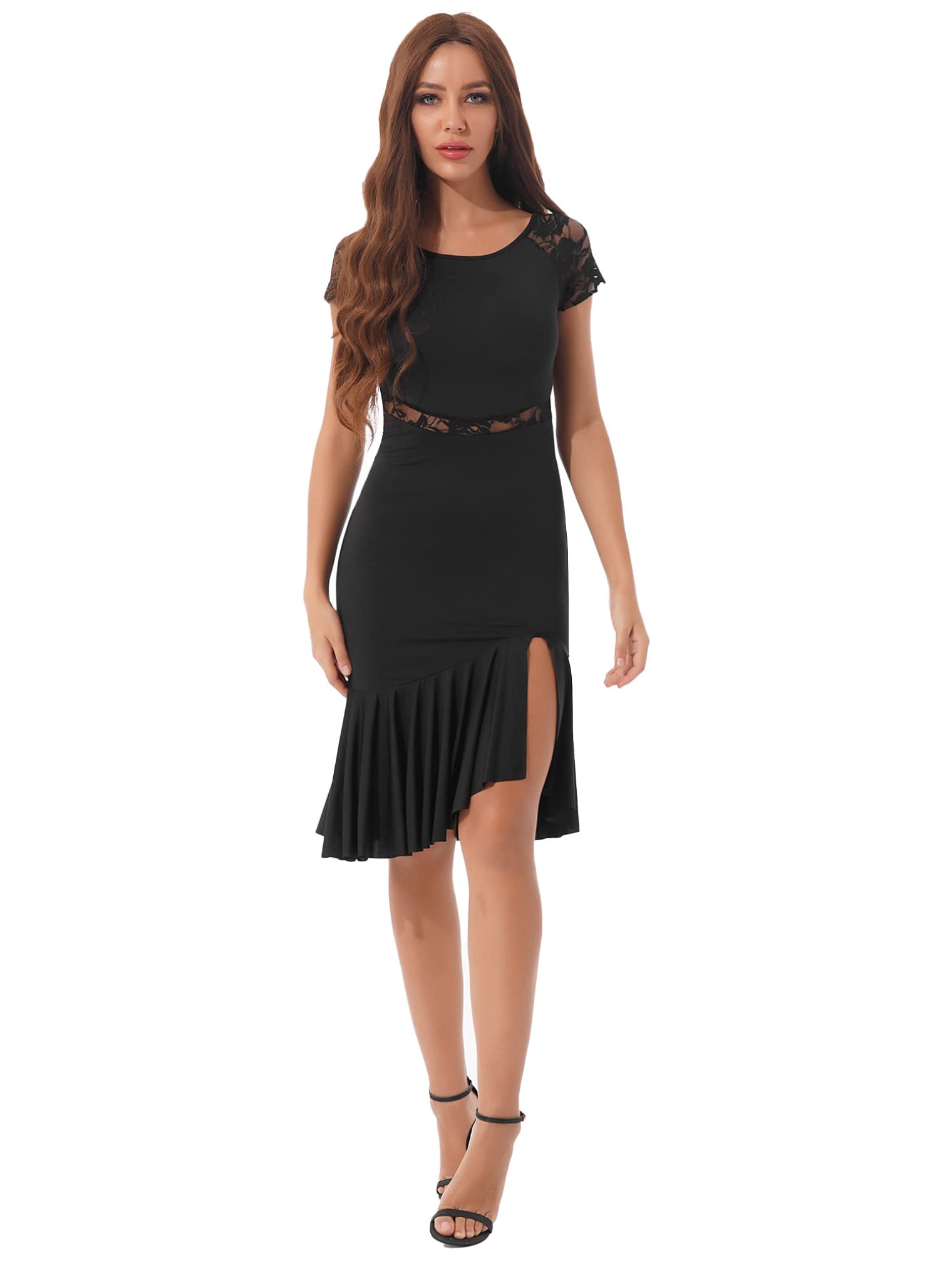 Floral Lace Patchwork Dance Skirt for Women - Elegant Ruffled Hem with Side Slit for Latin, Salsa & Ballroom Dancing | Perfect for Performances, Competitions & Social Dance Events