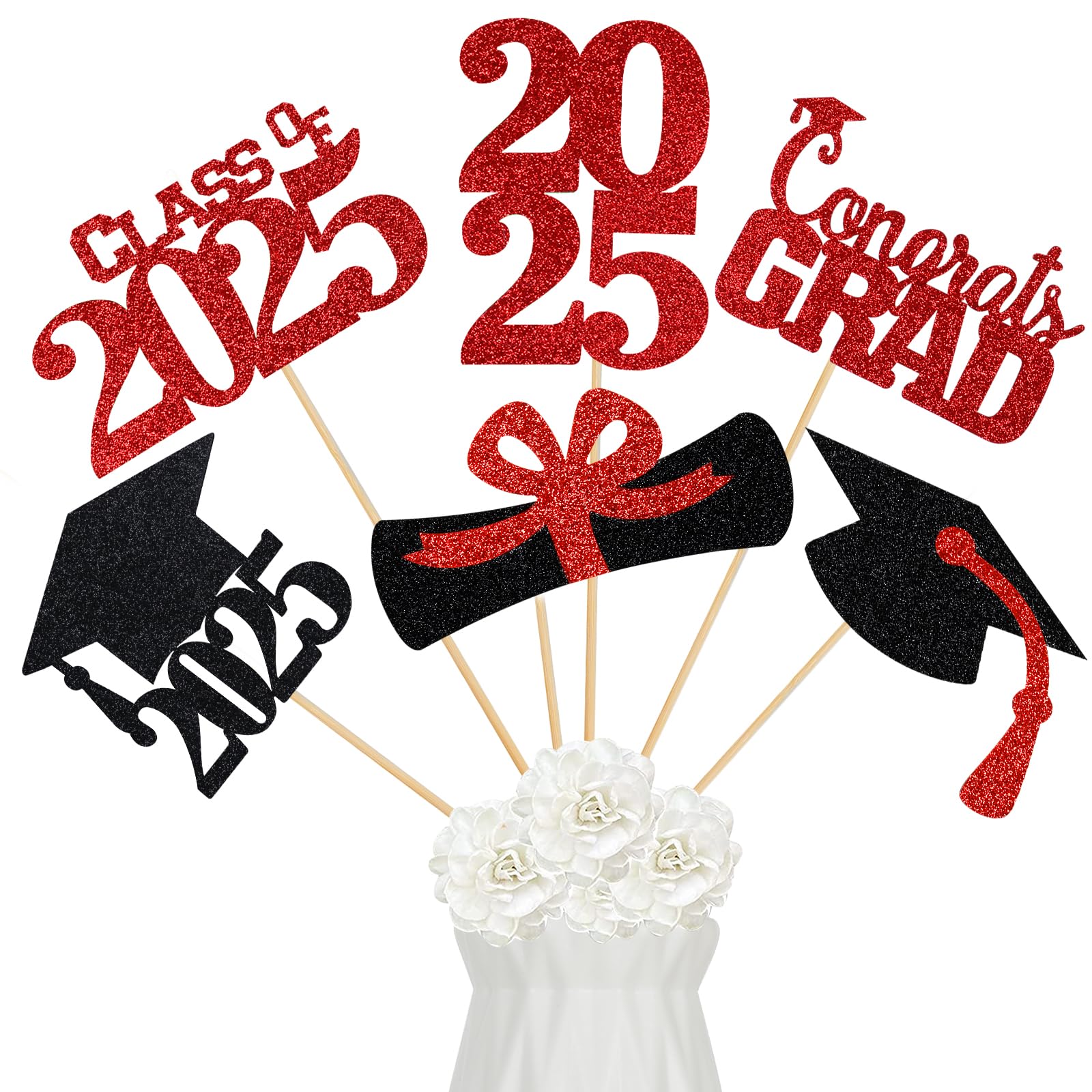 24Pcs 2025 Graduation Centerpieces Sticks - Red Table Decorations for Graduation Party, Commencement Ceremony & School Events - Perfect for Tables, Dessert Displays & Photo Backdrops