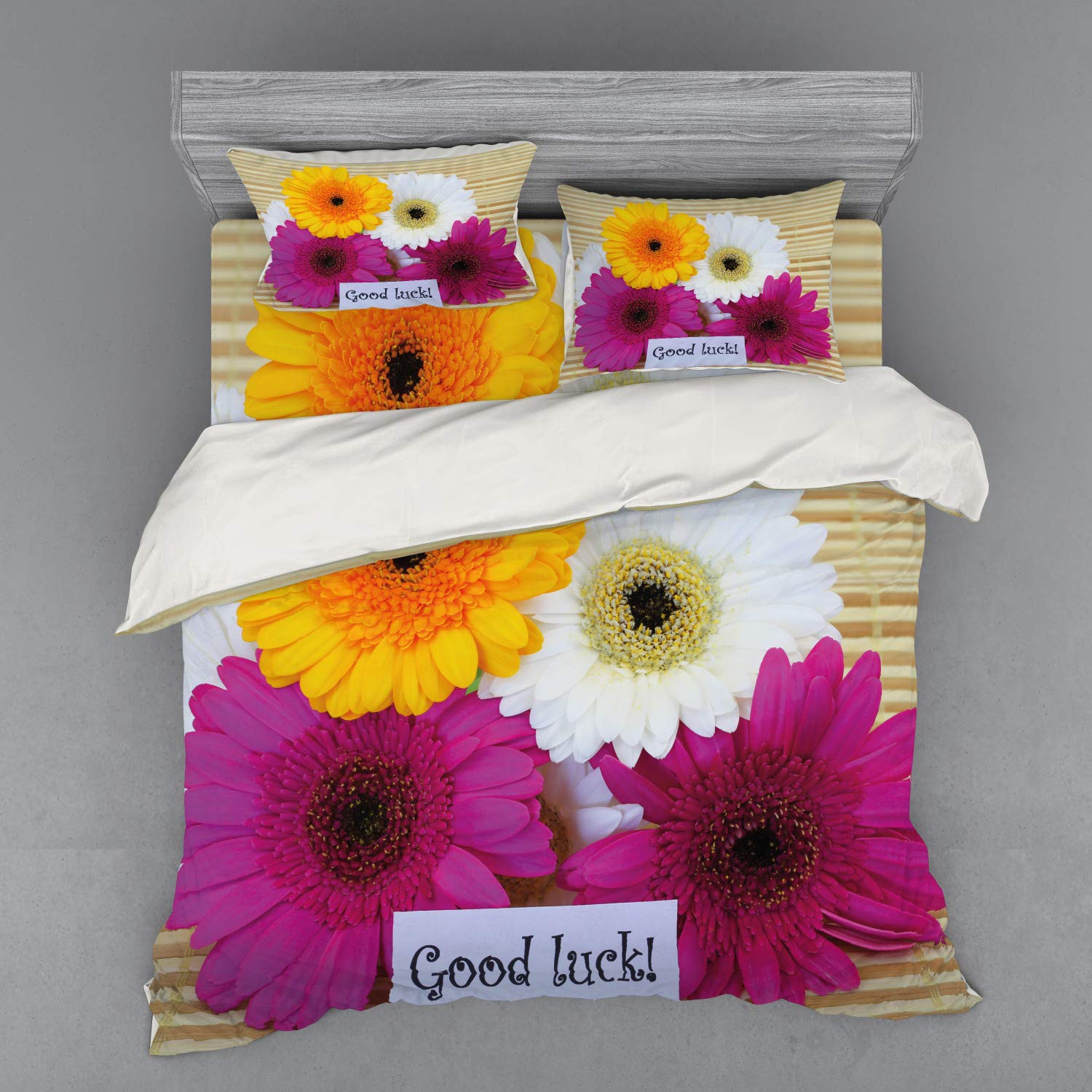 Ambesonne Going Away Party Duvet Cover Set - Colorful Gerbera Daisies Botanical Print 4-Piece King Size Bedding with Shams & Fitted Sheet | Perfect for Guest Rooms, College Dorms & Vacation Homes | Multicolor Floral Design