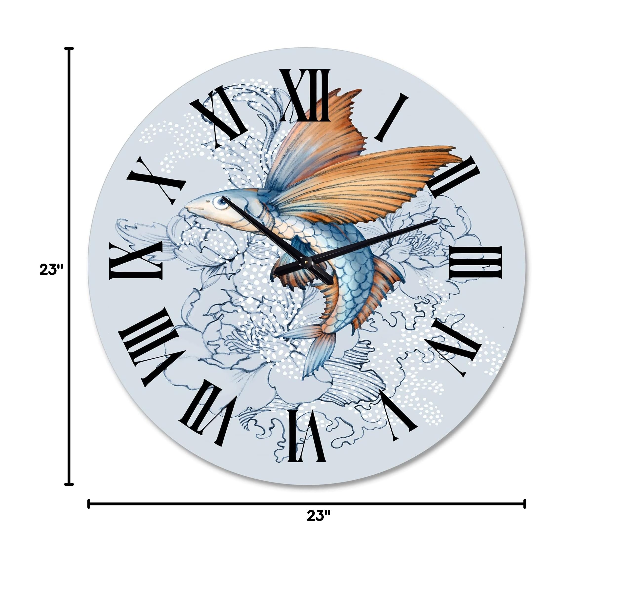 Flying Fish On Peonies Large Wall Clock - Traditional Decorative Clock for Home & Office - Perfect for Living Room, Bedroom, and Workspace Decor