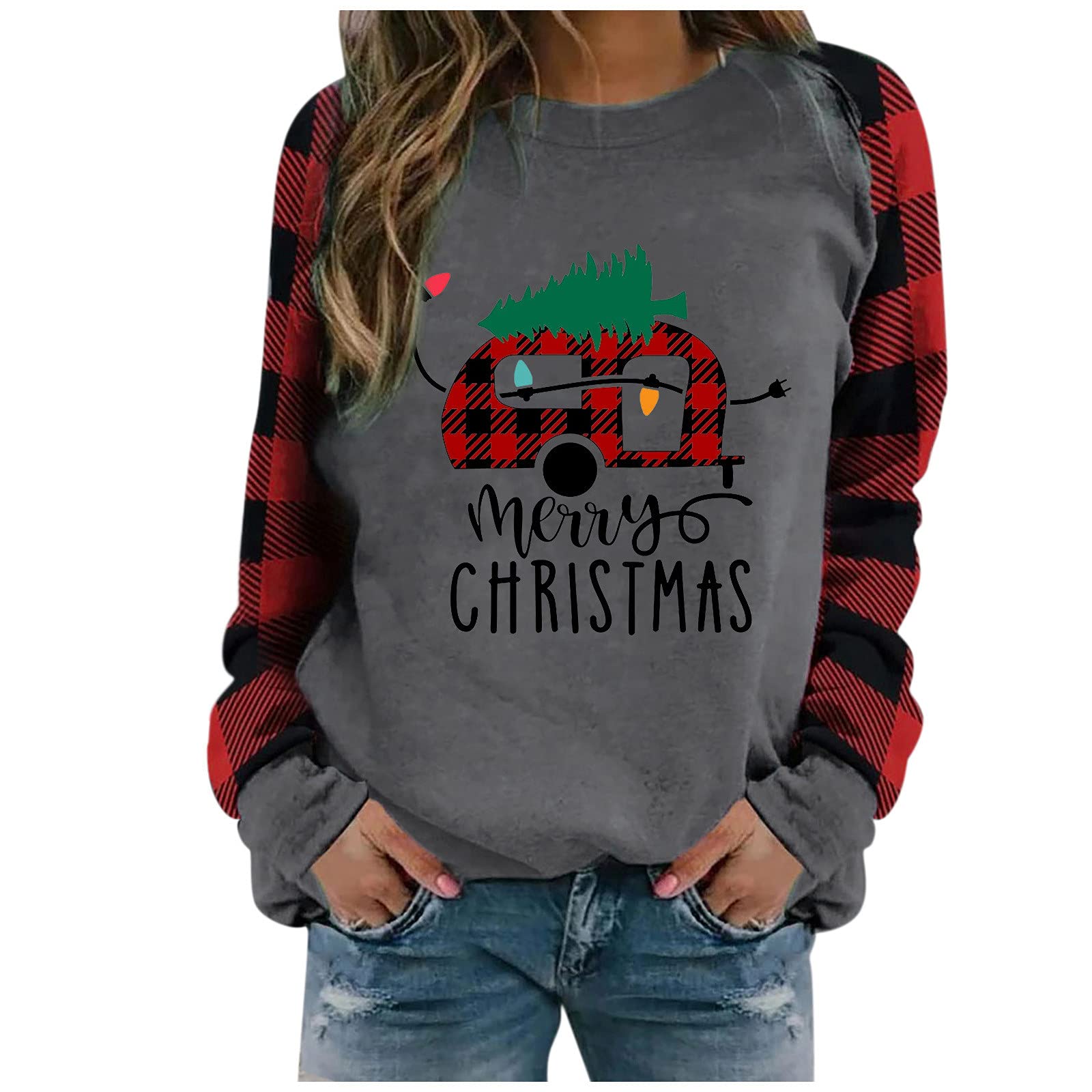 Women's Long-Sleeve Christmas Plaid Print O-Neck Sweatshirt - Cozy Casual Pullover Hoodie with Zip for Winter Fashion (Perfect for Holiday Parties & Cold Weather Outfits)