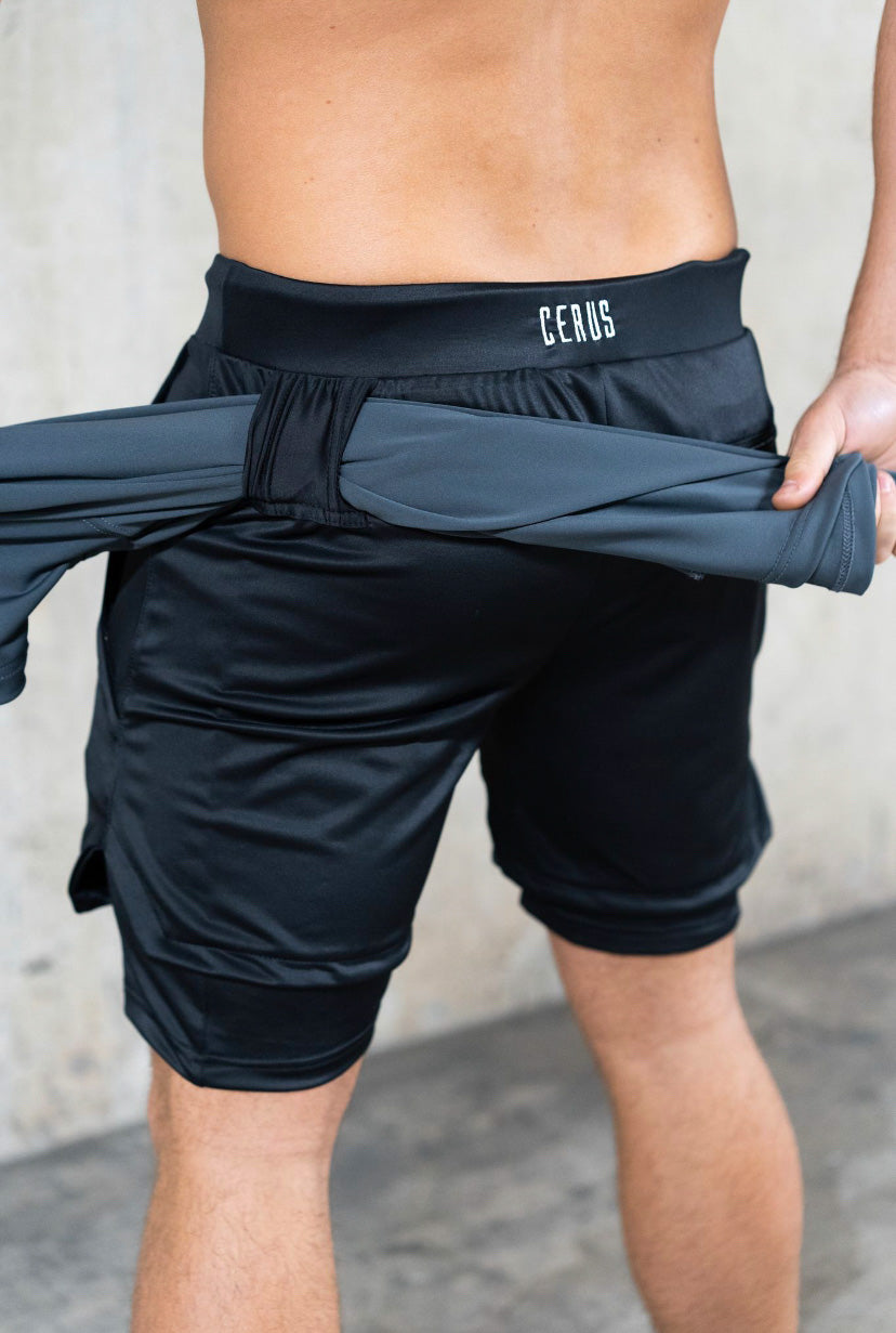 Cerus Black Proctor 2-in-1 Running Shorts with Built-in Liner - Men's Athletic Workout Gym & Training Shorts for Comfortable Jogging, Basketball & Outdoor Sports