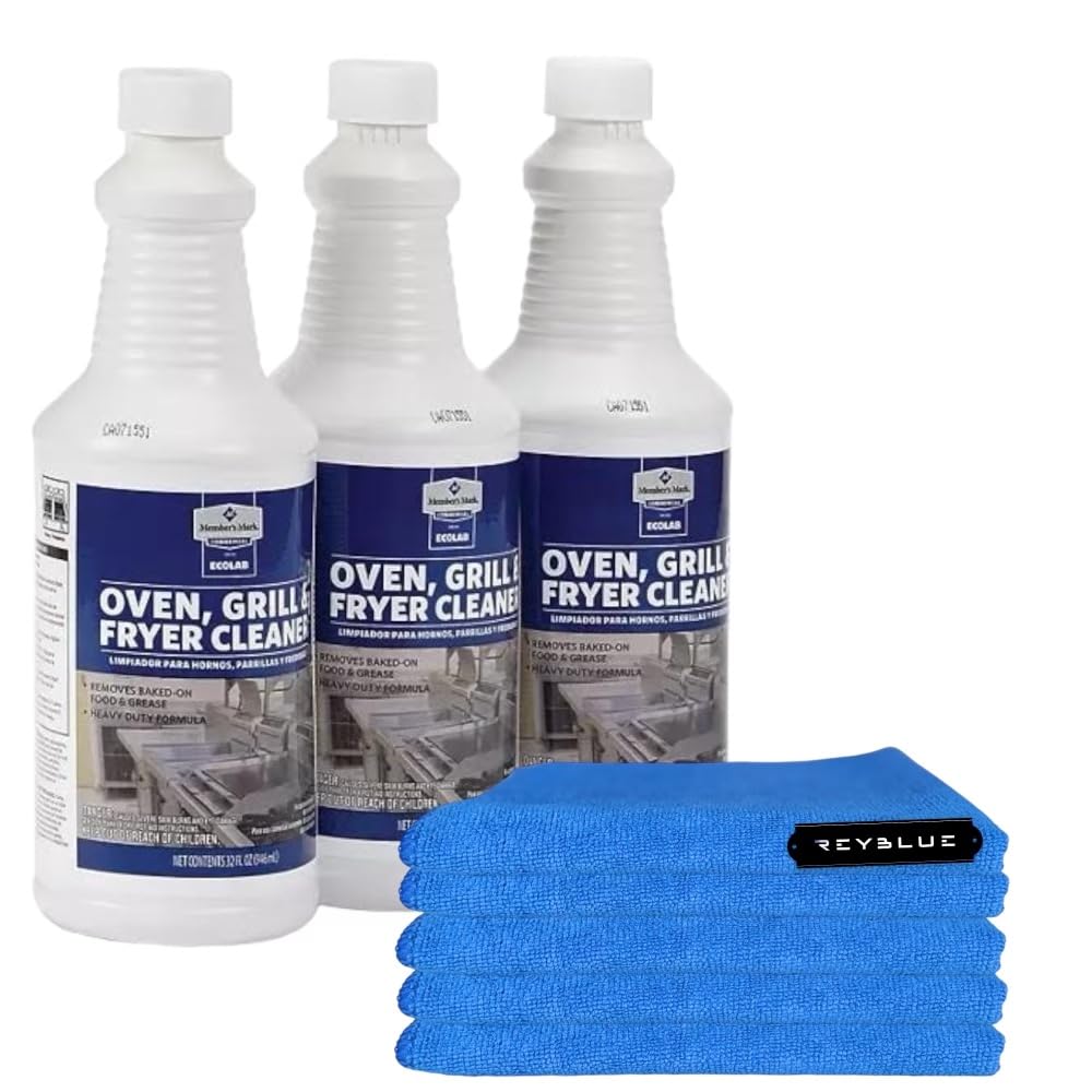 Commercial Oven, Grill and Fryer Cleaner 32 oz (3-Pack) with ReyBlue 5-Pack Premium 16x16 Inch 400 GSM Microfiber Cleaning Cloths - Heavy Duty Degreaser for Restaurant, Kitchen & BBQ Equipment Cleaning