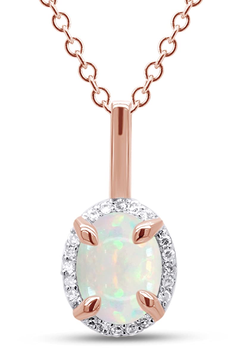 GEMVIO 6x8mm Oval Cut Natural White Opal & Diamond Halo Pendant Necklace - 10K/14K/18K Solid Gold Women's Jewelry Gift with 18