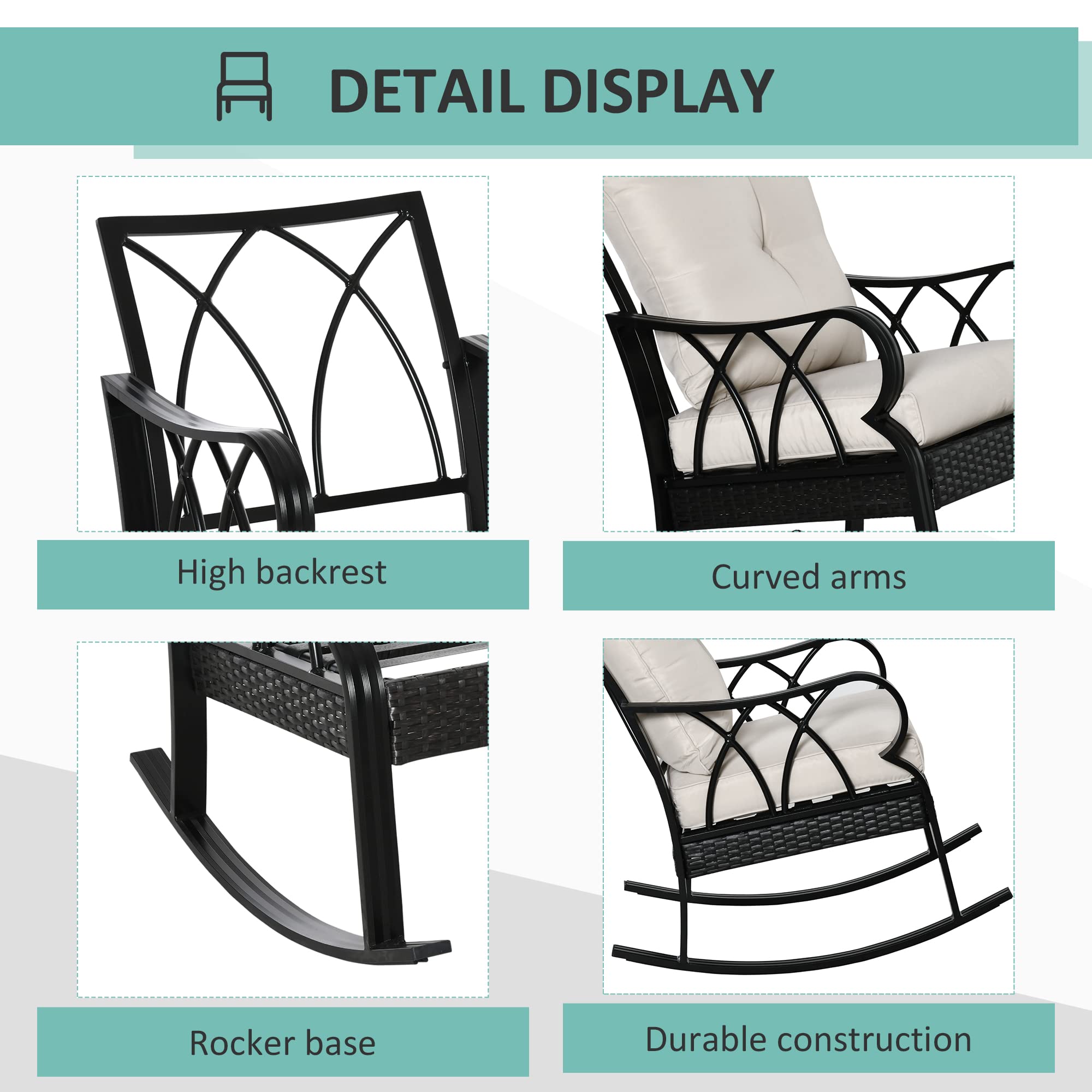 Outsunny Outdoor Wicker Rocking Chair with Padded Cushions - Aluminum Frame Rattan Porch Rocker with Armrests for Patio, Garden & Backyard - Comfortable Khaki Lounge Chair for Relaxing, Reading & Sunbathing