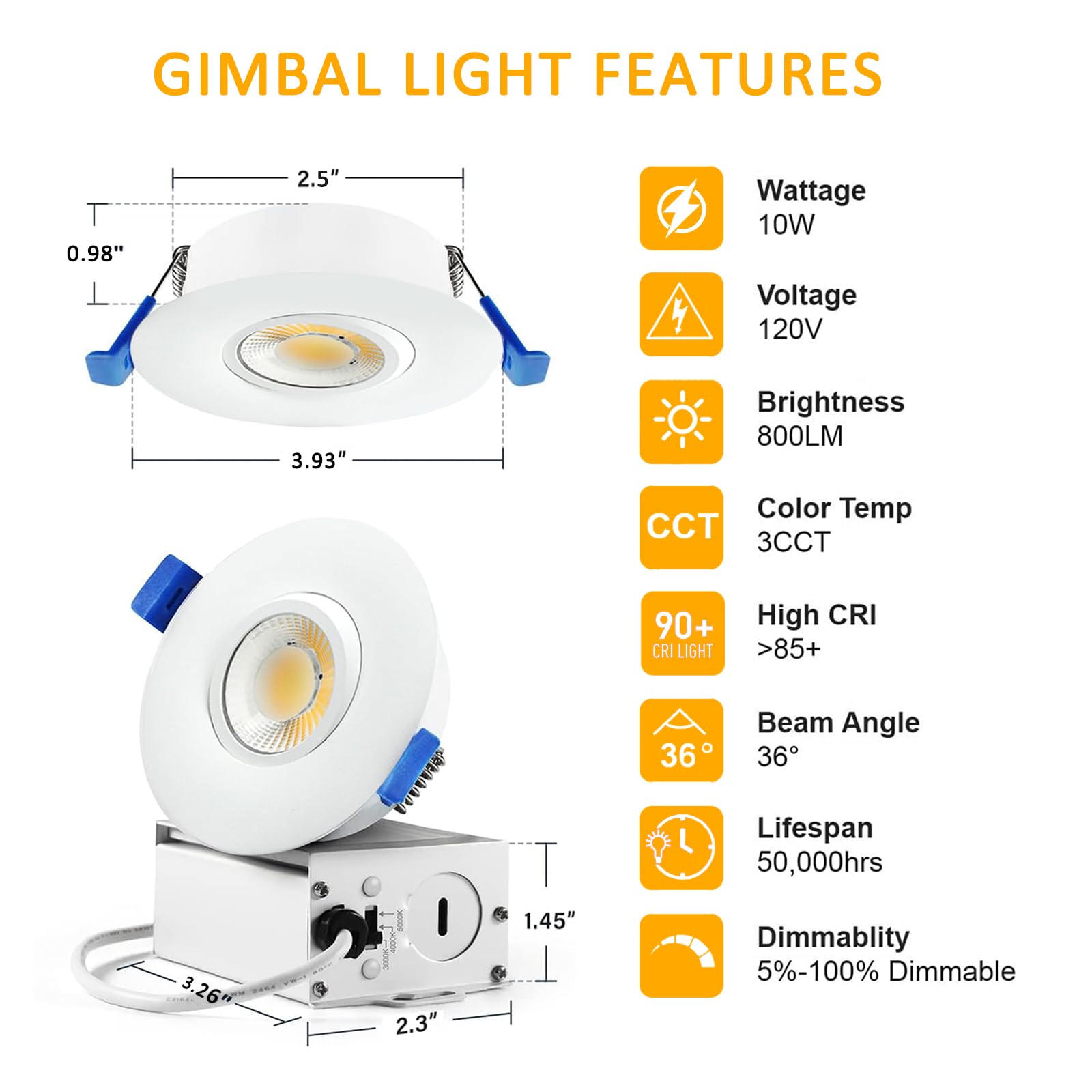 8 Pack 3 Inch Gimbal LED Recessed Light 10W - 3 Color Temperature Adjustable (3000K/4000K/5000K) - Waterproof Downlight for Shower, Living Room, Bedroom - Perfect for Home Lighting, Bathroom Vanity & Kitchen Ceiling