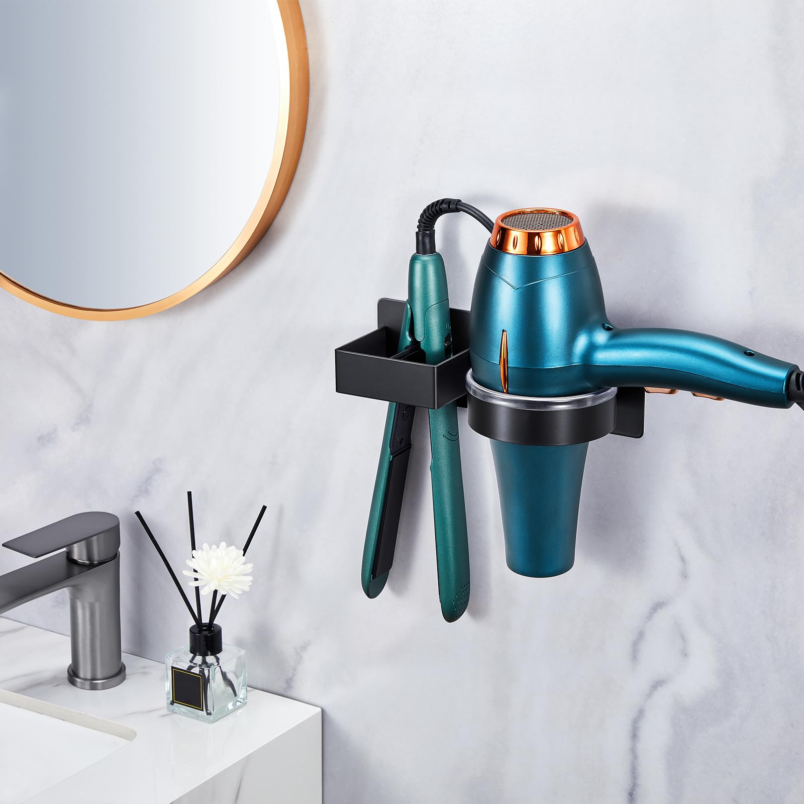 Wall Mounted Hair Dryer Holder - Stainless Steel Blow Dryer & Hair Tool Organizer for Straightener, Curling Iron - Adhesive Bathroom Salon Storage (Perfect for Home, Salon & Travel)