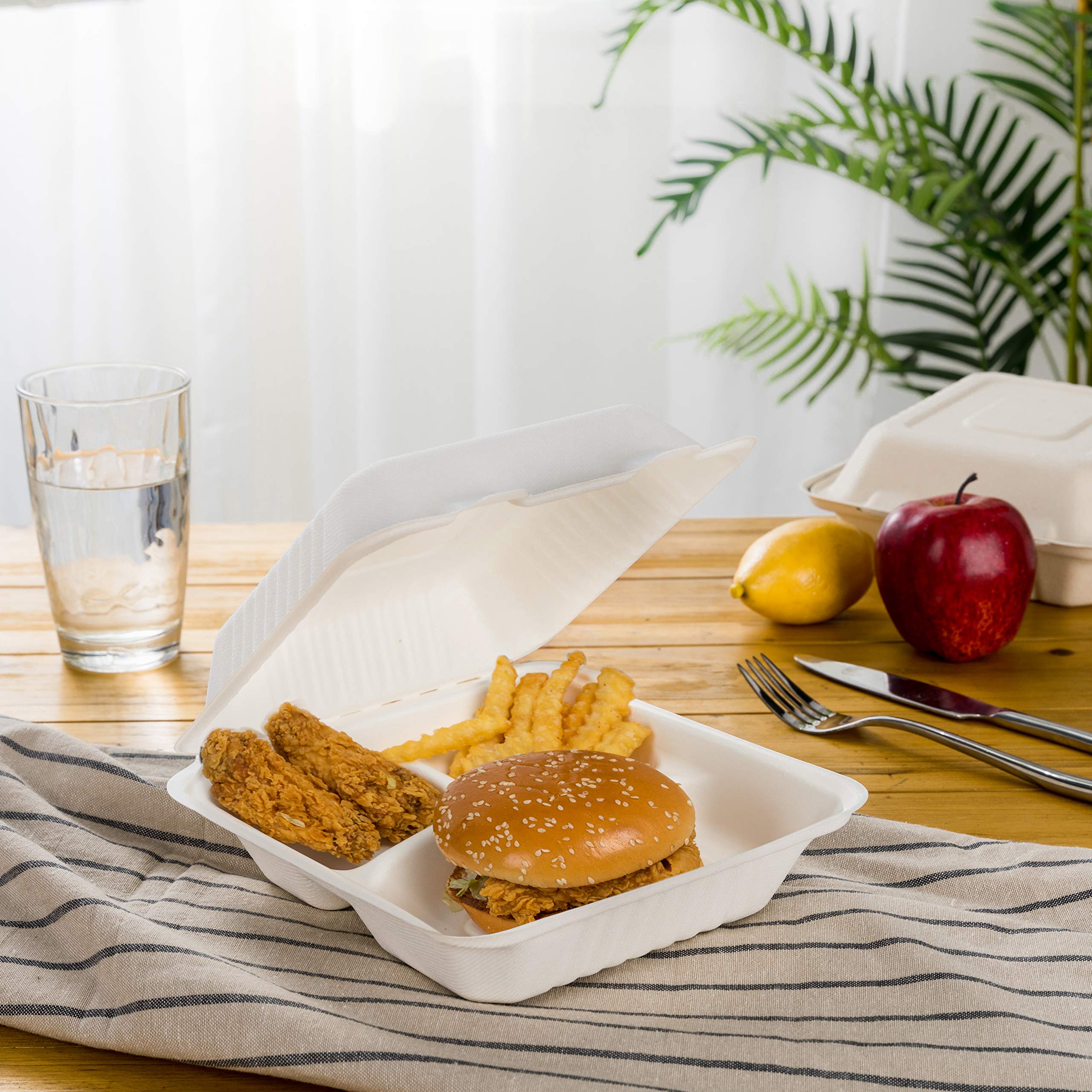 Eco-Friendly 8x8 3-Compartment Compostable Takeout Containers (300-Pack) - Glitzhome Oak Plus Sugarcane Fiber Clamshell Food Boxes with Lids | Microwave Safe Meal Prep & Storage Containers | Perfect for Restaurants, Catering, Food Delivery & Home Meal Prepping