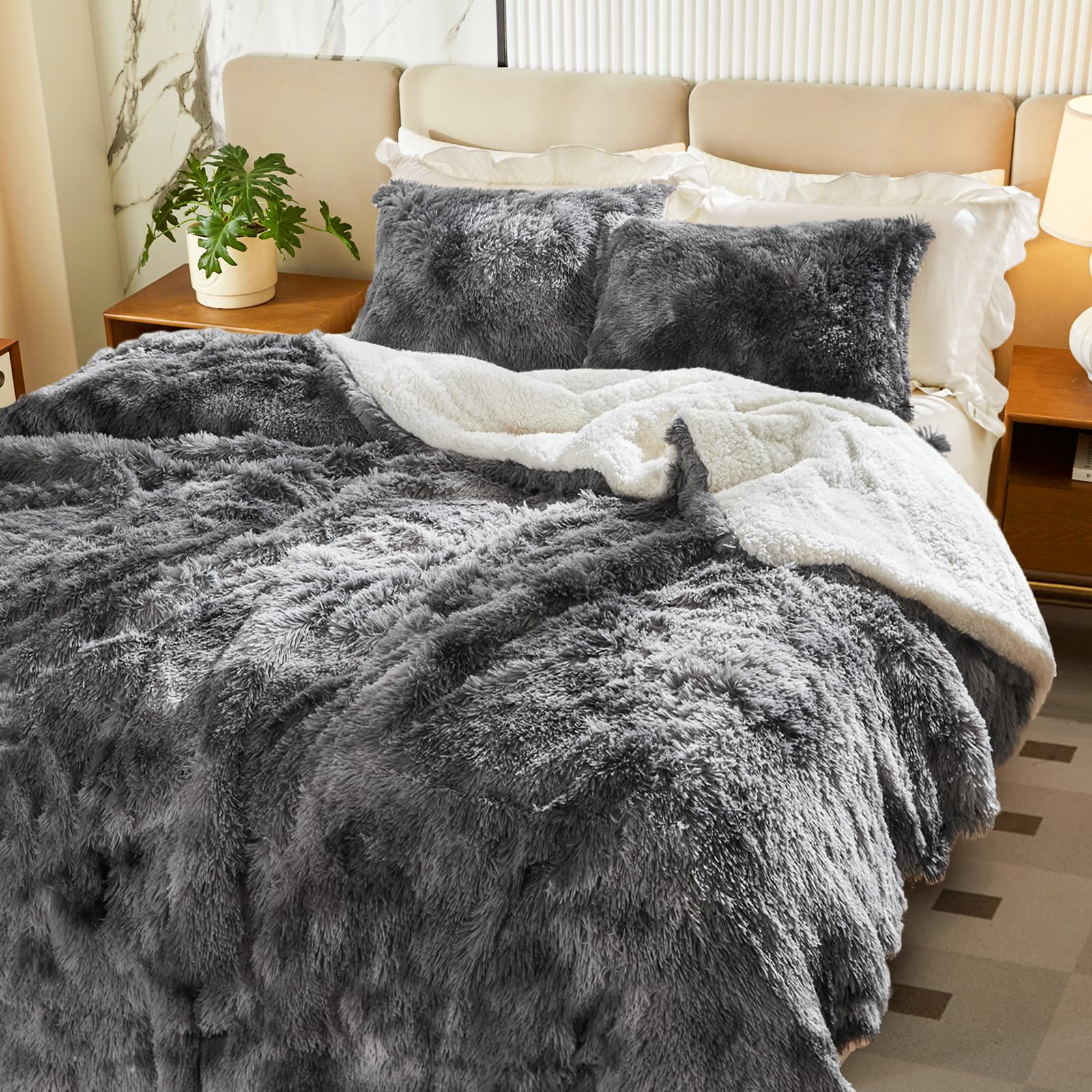 Luxury Faux Fur Shaggy Fluffy Comforter Set - Twin Size Black & White Long Hair, 3-Piece Plush Flannel Sherpa Reversible Microfiber Bedding - Ultra Soft & Super Warm for Winter - Perfect for Cozy Bedrooms, Guest Rooms & Cold Weather Comfort