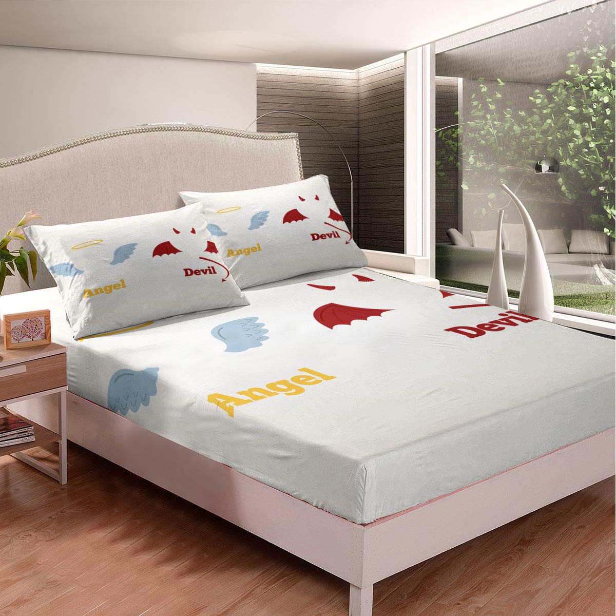 Angel & Devil Wing Pattern Queen Size Deep Pocket Bed Sheet Set - Ultra Soft Microfiber 3-Piece (1 Fitted Sheet + 2 Pillowcases) for Boys & Girls - Perfect for Kids' Bedrooms, Sleepovers & Themed Decor