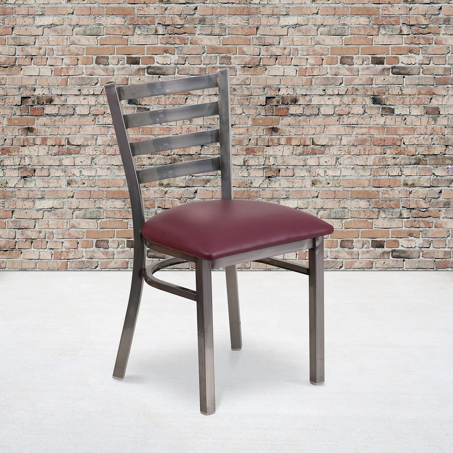 Flash Furniture 2-Pack HERCULES Series Metal Ladder Back Restaurant Chairs with Clear Coating & Burgundy Vinyl Seating - Durable Commercial Dining Chairs for Cafes, Bistros and Home Kitchens