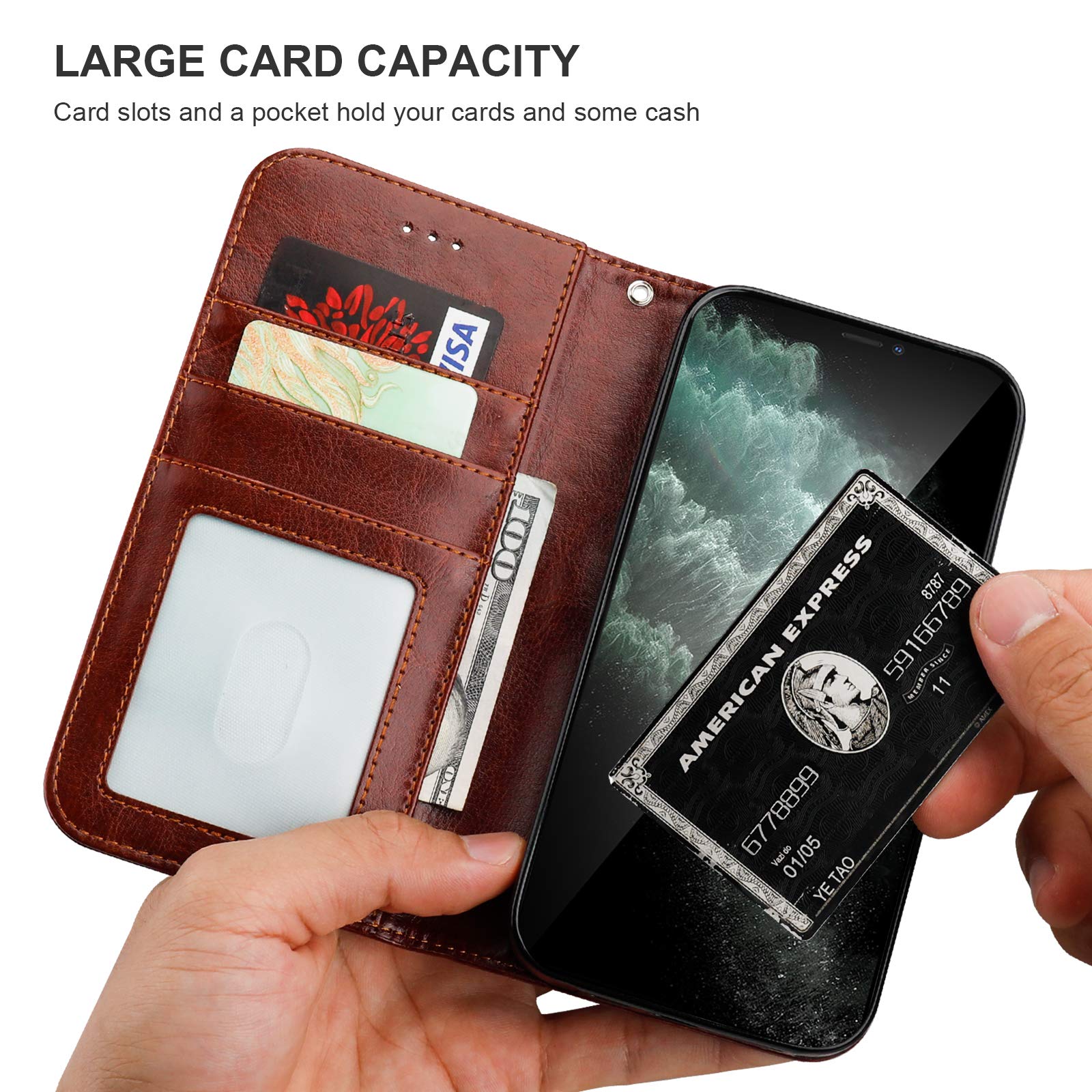 Magnetic Detachable PU Leather Wallet Case for iPhone 11 Pro Max (6.5 inch) - Shockproof Flip Cover with Card Holder, Kickstand & Wrist Strap - Brown | Perfect for Work, Travel & Everyday Protection
