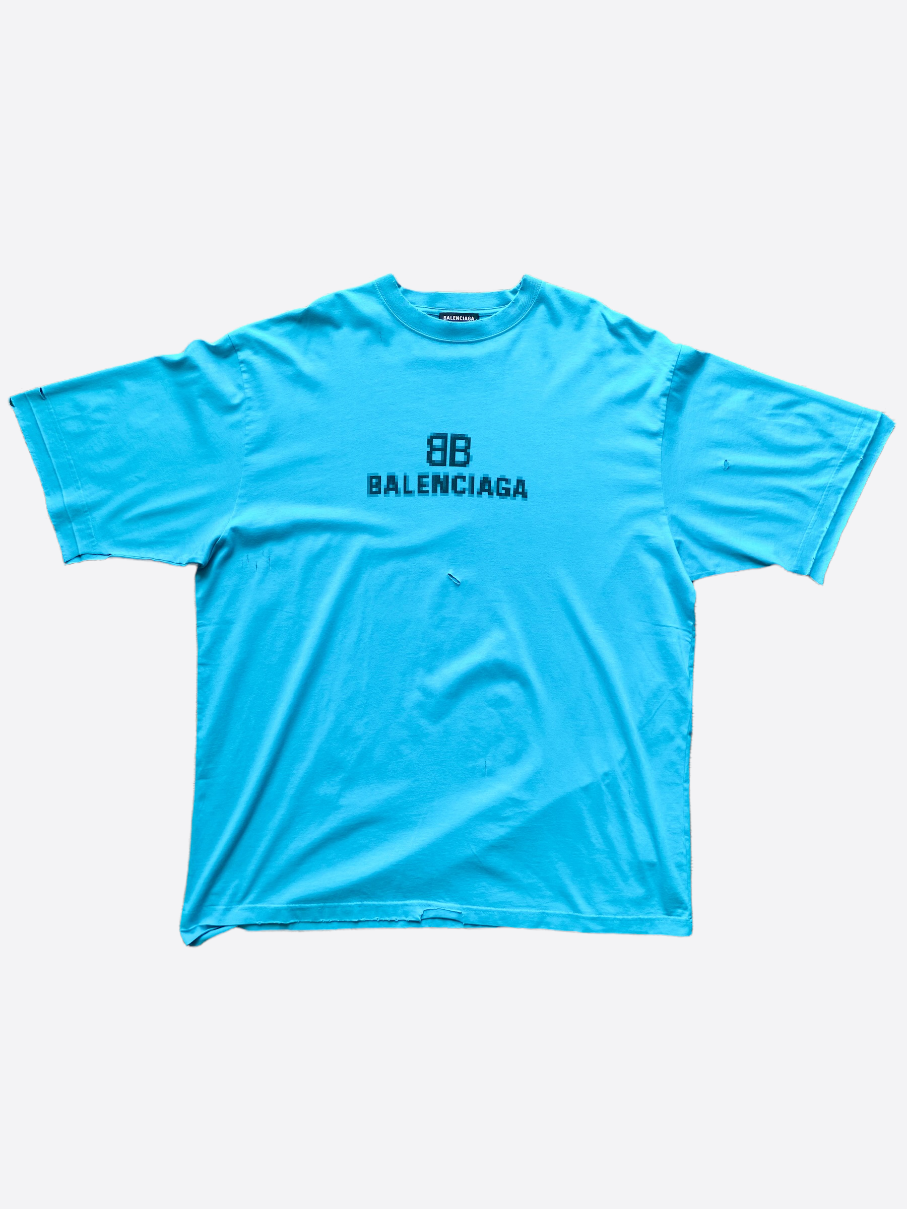 Balenciaga Teal Distressed Pixel Logo T-Shirt - Stylish Graphic Tee for Men & Women - Perfect for Streetwear, Casual Outfits and Fashion Statements