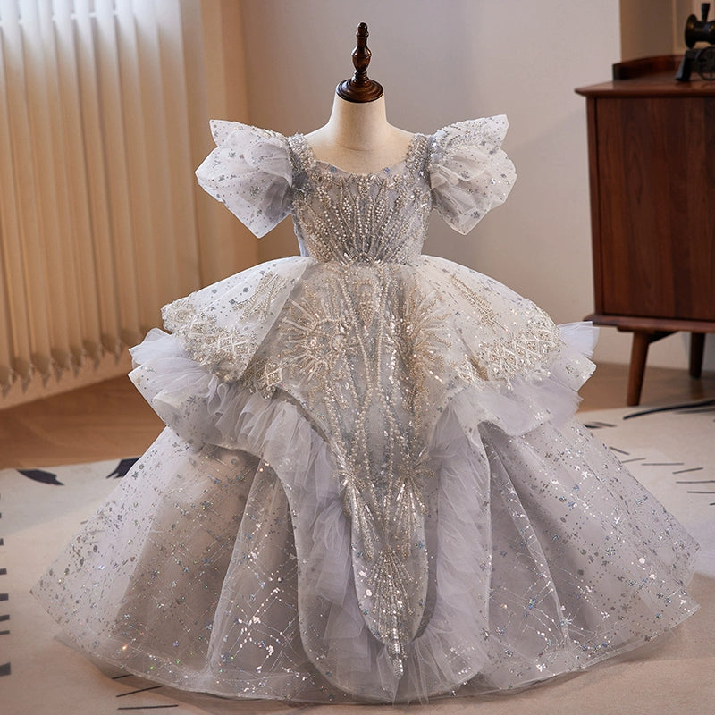 White Princess Square Floor Length Organza Flower Girl Dress for Weddings, Baptisms & Special Occasions