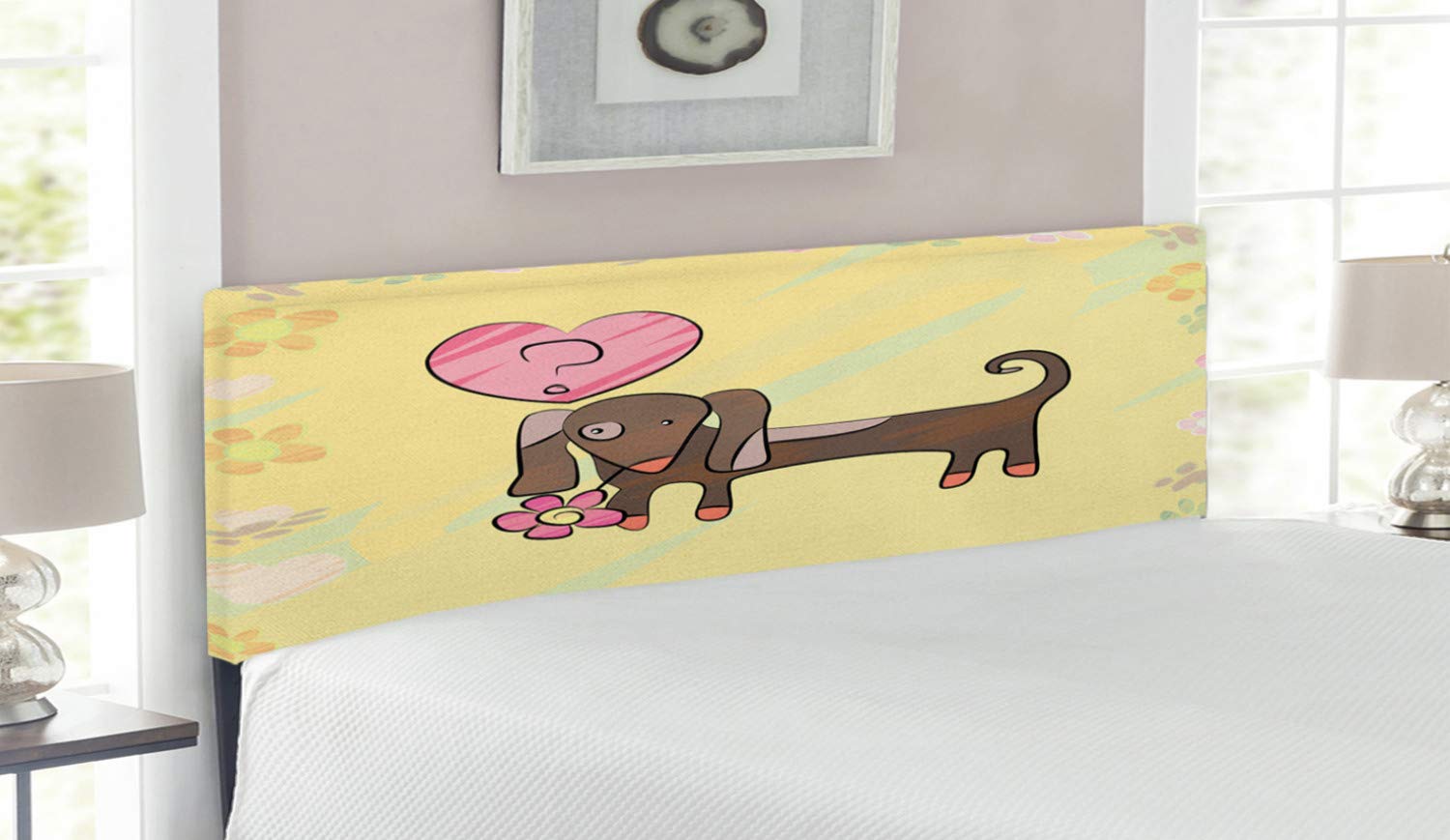Ambesonne Dachshund Headboard - Colorful Sketch Style Dog Design with Floral Frame, Upholstered Decorative Metal Bed Headboard with Memory Foam (Queen Size, Multicolor) - Perfect for Pet Lovers' Bedroom Decor & Dachshund Themed Rooms