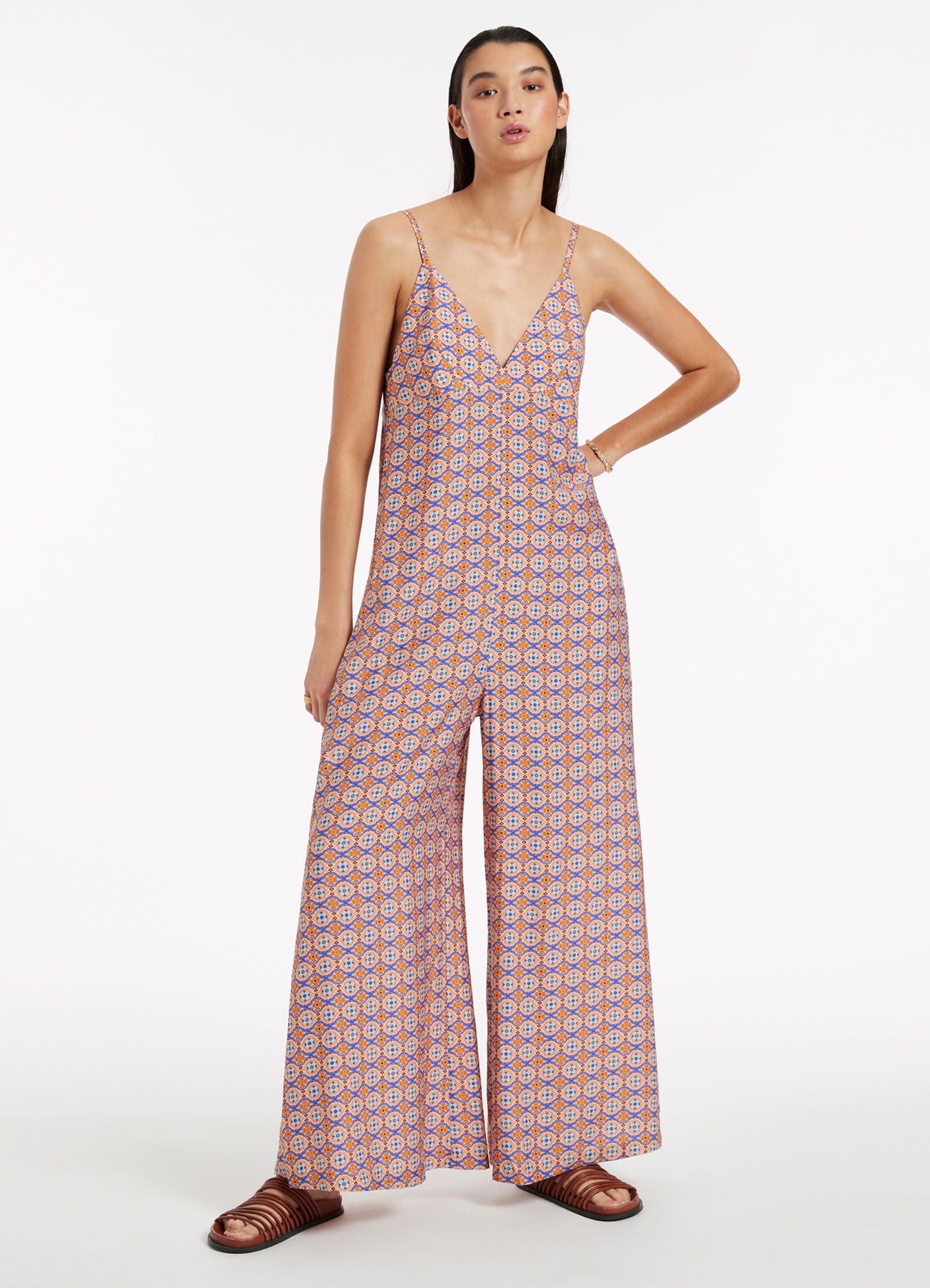 Azura Geo Print V-Neck Jumpsuit - Retro Orange Floral Romper for Women | Summer Casual Outfit, Beach Vacation, Party Wear