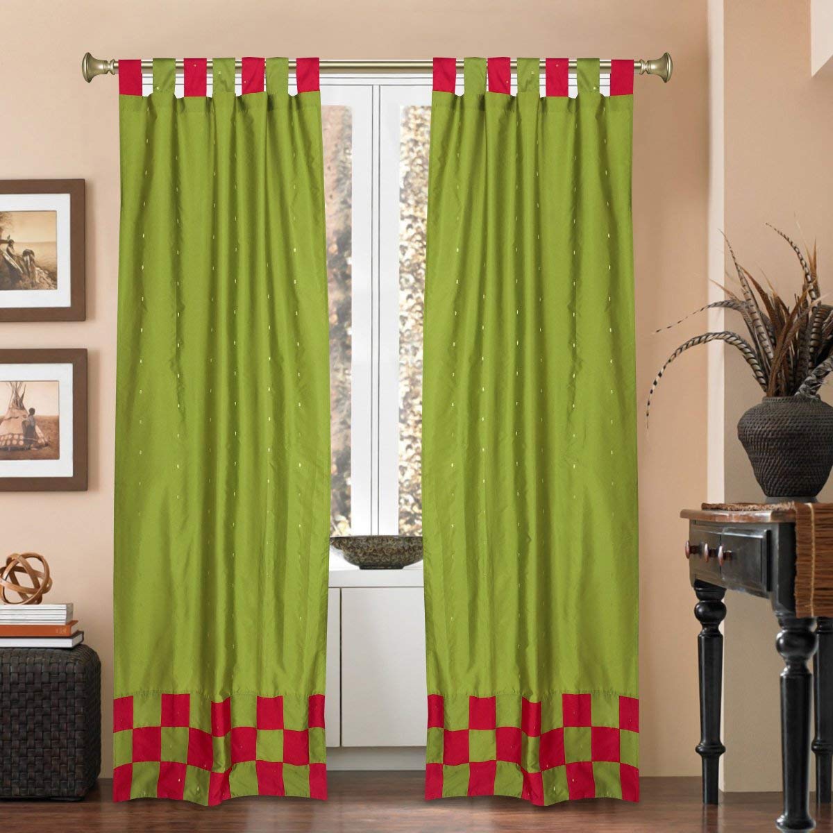 Indian Selections 2-Lined Eclectic Olive Green Sari Tab Top Cafe Curtains - 36W x 24L - Perfect for Kitchen Windows, Dining Room & Boho Home Decor