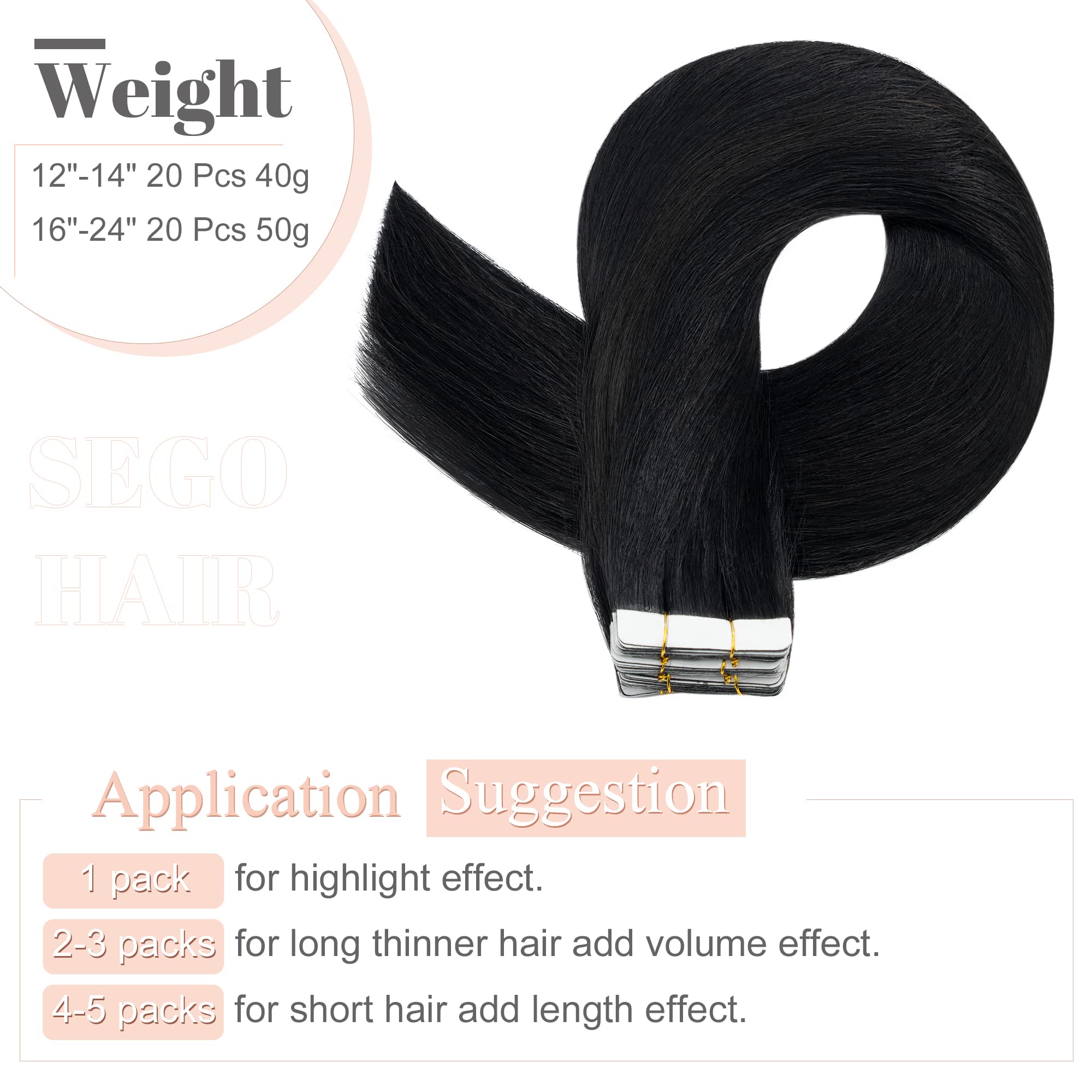 SEGO 20 Inch Human Hair Extensions - 100g 40pcs Straight Remy Hair with Seamless Skin Weft & Invisible Double Sided Tape (Jet Black) | Perfect for Daily Styling, Parties & Special Occasions