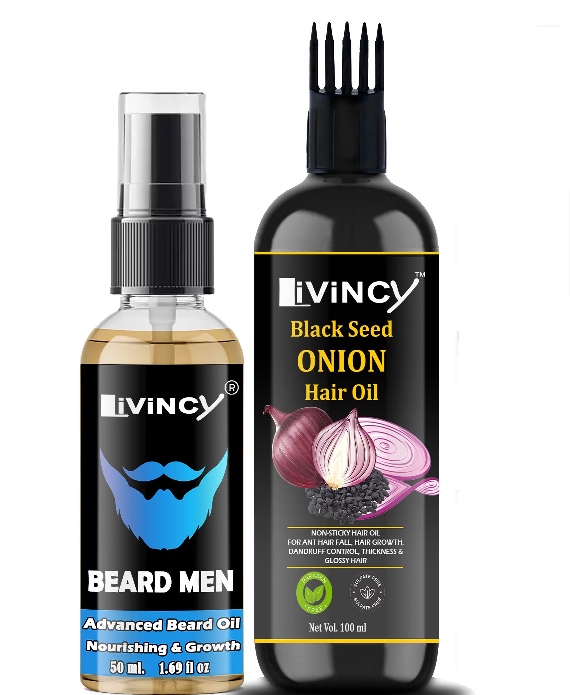 LIVINCY Beard Oil for Men with Black Seed & Onion - Natural Hair & Skin Care Treatment for Glowing Skin & Spot Reduction - Bright Complete Set (Pack of 2) - Perfect for Daily Grooming & Nighttime Skincare Routine