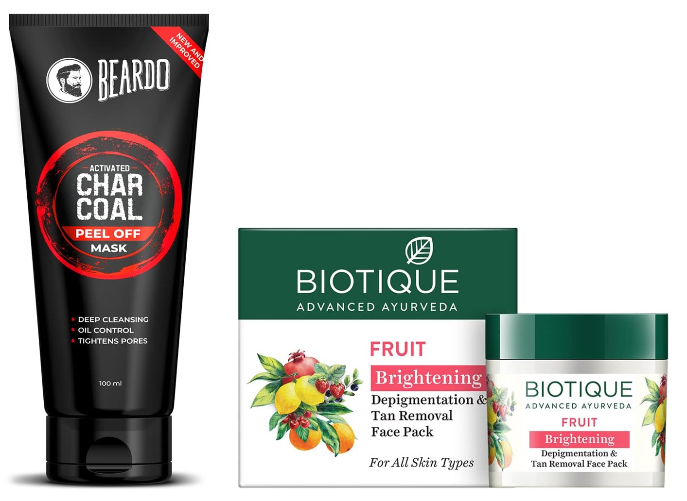 BEARDO Activated Charcoal Peel Off Face Mask for Blackheads & Deep Cleansing - 100g | Biotique Bio Fruit Whitening Face Pack for Tan Removal & Skin Brightening - 75g | Perfect for Oily Skin & Acne Prone Skin Care Routine