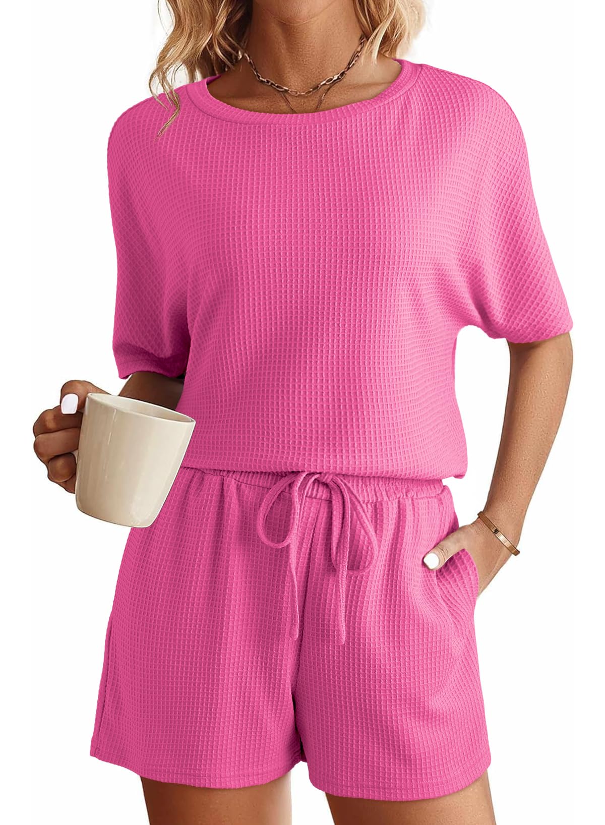 SHEWIN Women's Waffle Knit Pajama Set - 2 Piece Lounge Outfit with Pockets | Soft Sleepwear & Cozy Loungewear for Home Relaxation, Sleepovers and Casual Wear