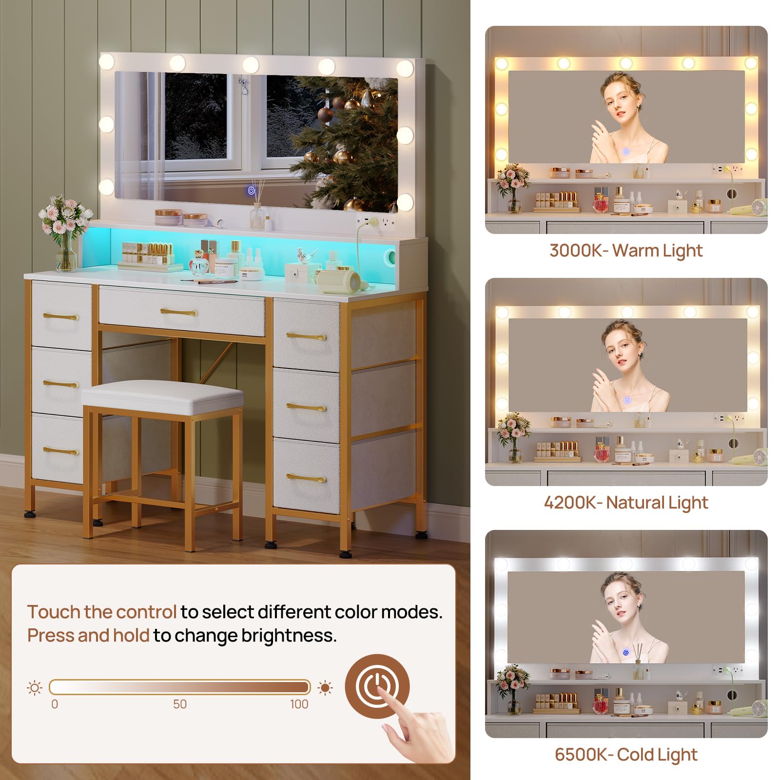 Rolanstar White and Gold Vanity Desk with Mirror & LED Lights - Makeup Vanity Set with Upholstered Stool, 7 Fabric Drawers, 9 LED Bulbs & Power Outlets - RGB Strip Lighting for Bedroom, Dressing Room & Beauty Salon