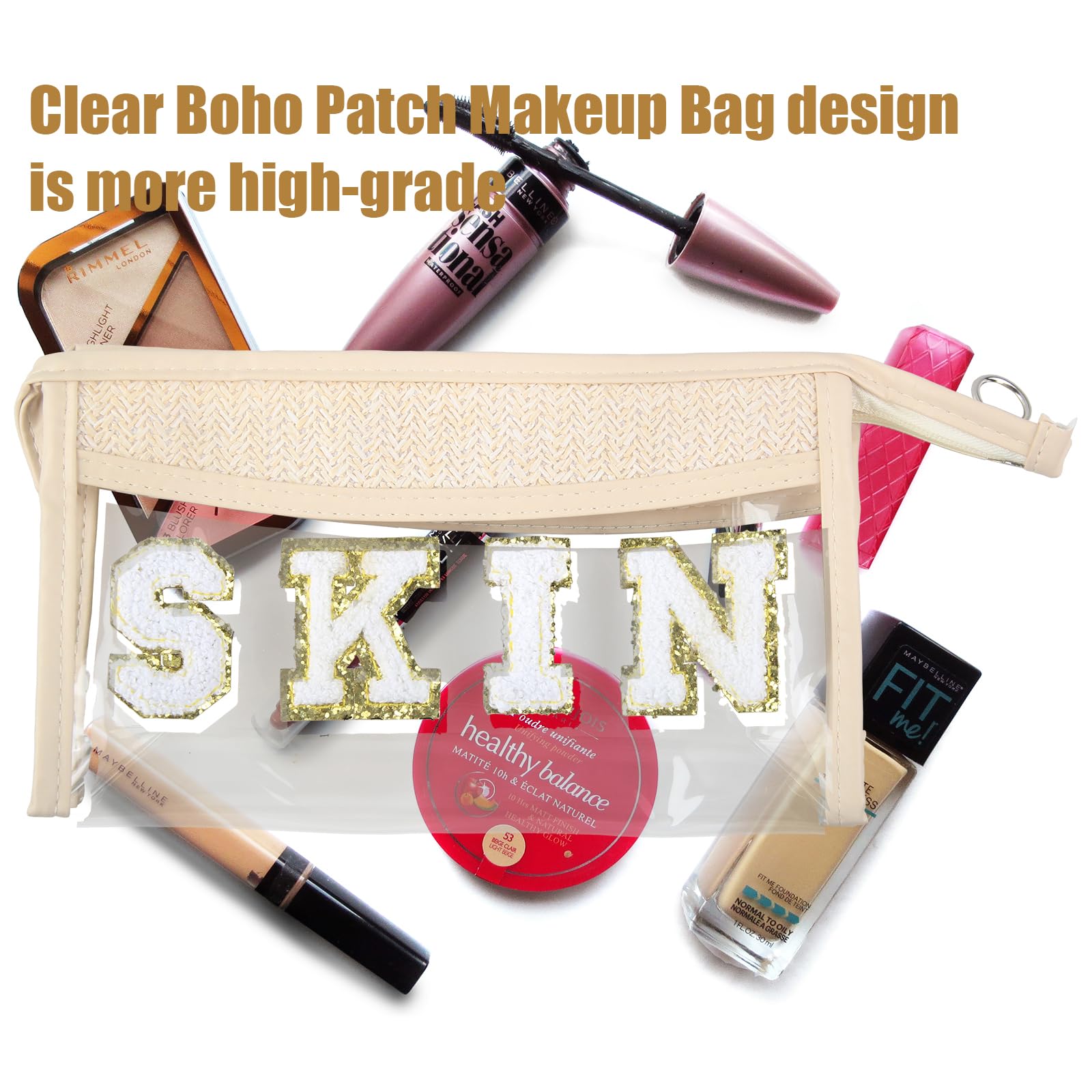 Clear Boho Beach Makeup Bag - Waterproof Travel Cosmetic Pouch for Women & Girls - Perfect for Beach Trips & Sunscreen Storage