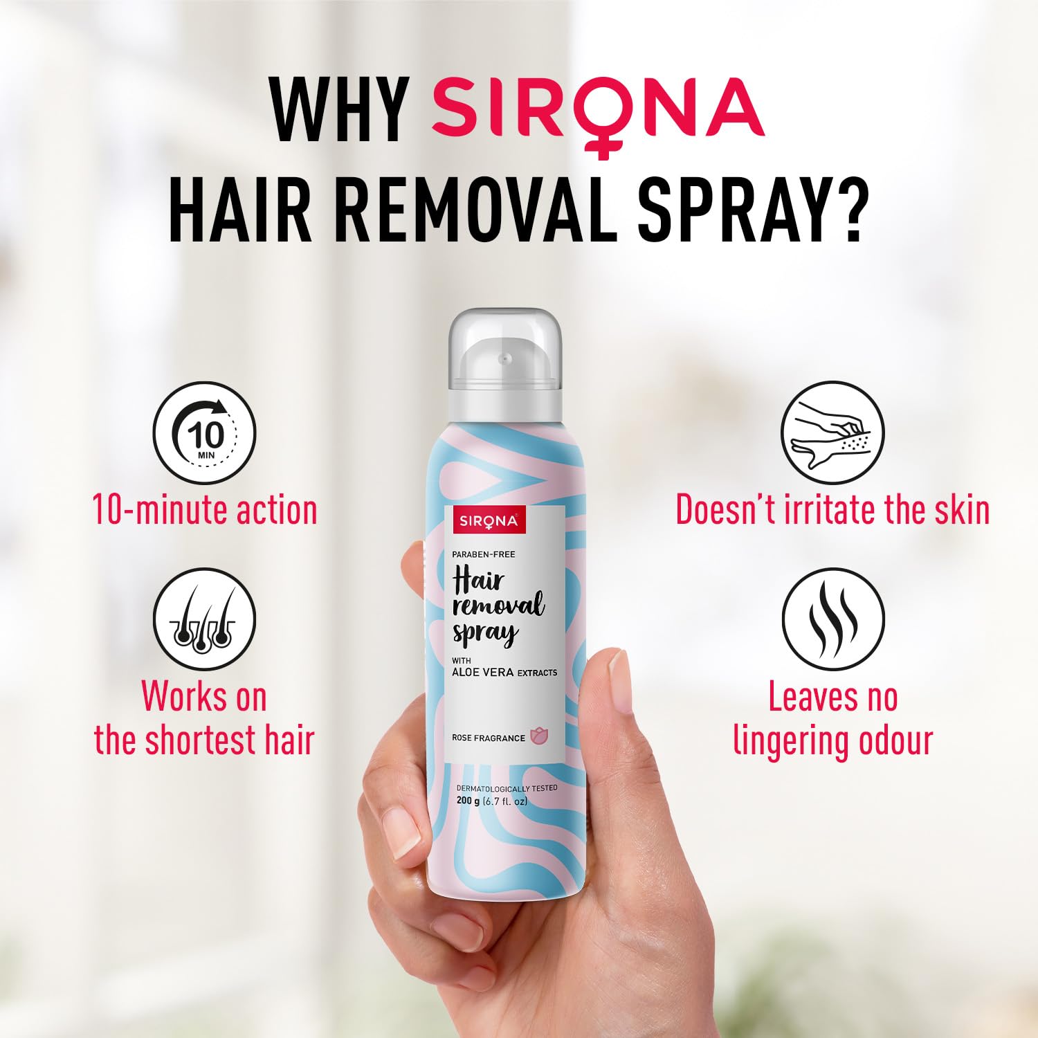 Sirona Hair Removal Spray Foam with Aloe Vera & Rose Extract | 10-Minute Hair Remover for Legs, Arms & Underarms | Paraben-Free & Dermatologist Tested | 200ml | Smooth Skin for Summer Dresses & Beach Vacations