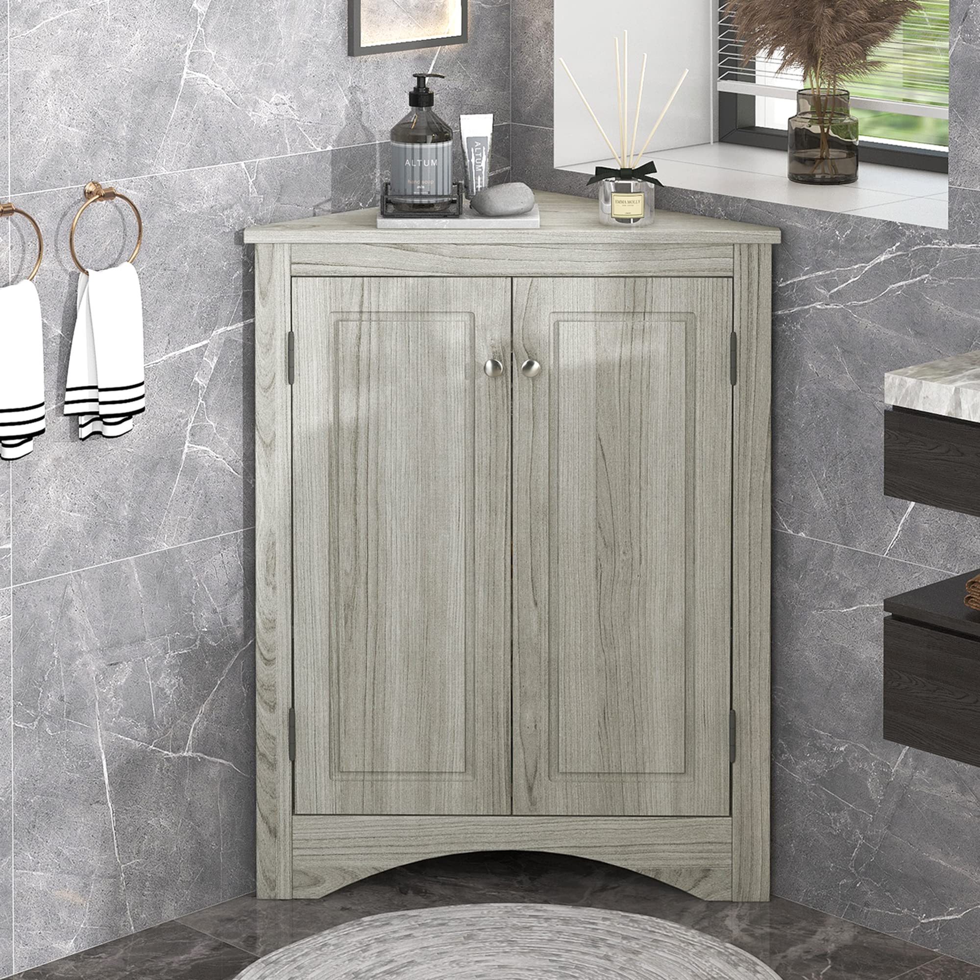 P PURLOVE Adjustable Shelf Bathroom Storage Cabinet - Freestanding Triangle Floor Organizer for Bathroom, Kitchen & Living Room - Oak Finish with Ample Storage Space - Perfect for Small Spaces & Home Organization