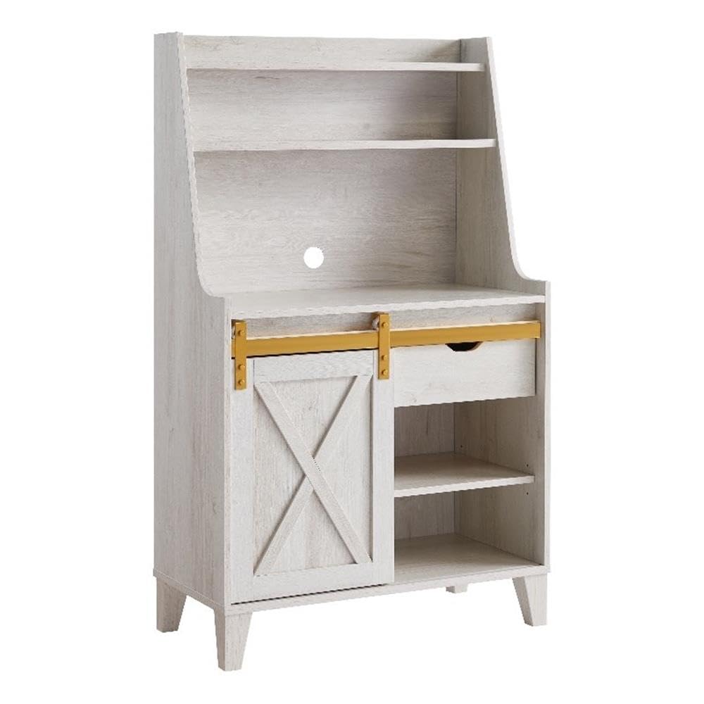 Furniture of America White Oak Baker Rack with Sliding Door - Solid Birch Wood Kitchen Storage Shelf for Pantry, Dining Room & Home Organization