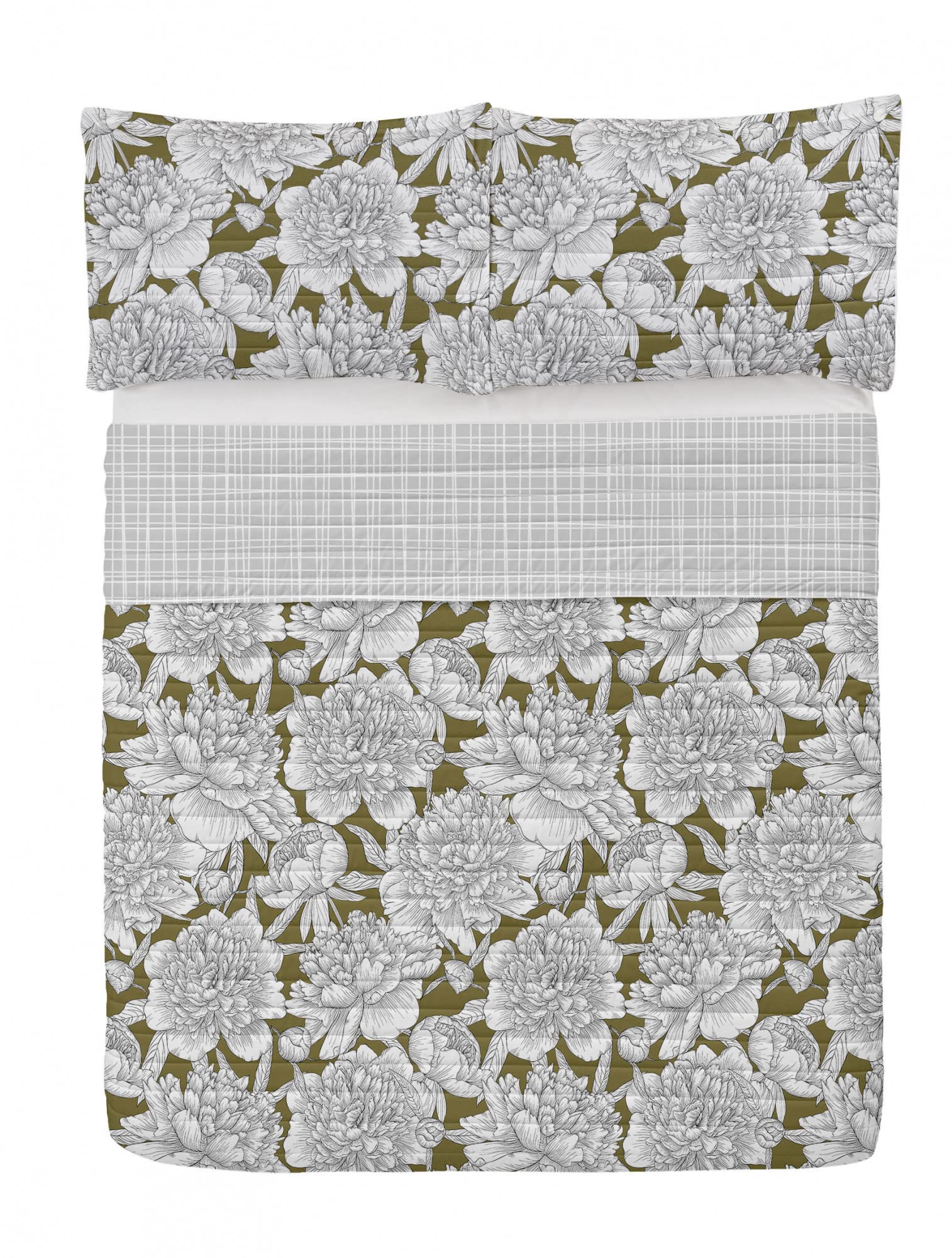 Ambesonne Floral Reversible Bedspread Set - Hand Drawn Rose, Chamomile & Peonies Design | Microfiber Comforter & Pillow Shams | Queen Size Bedding in Green & Brown | Perfect for Master Bedroom, Guest Room & Bohemian Home Decor