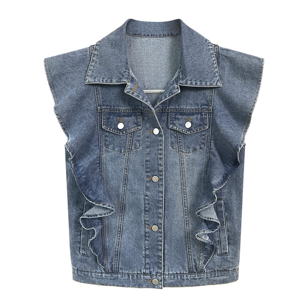 Women's Denim Vest with Turn-Down Collar & Patchwork Details - Single Breasted Jacket with Ruched Pockets | Casual Outfits, Layering Piece for Spring/Fall Fashion