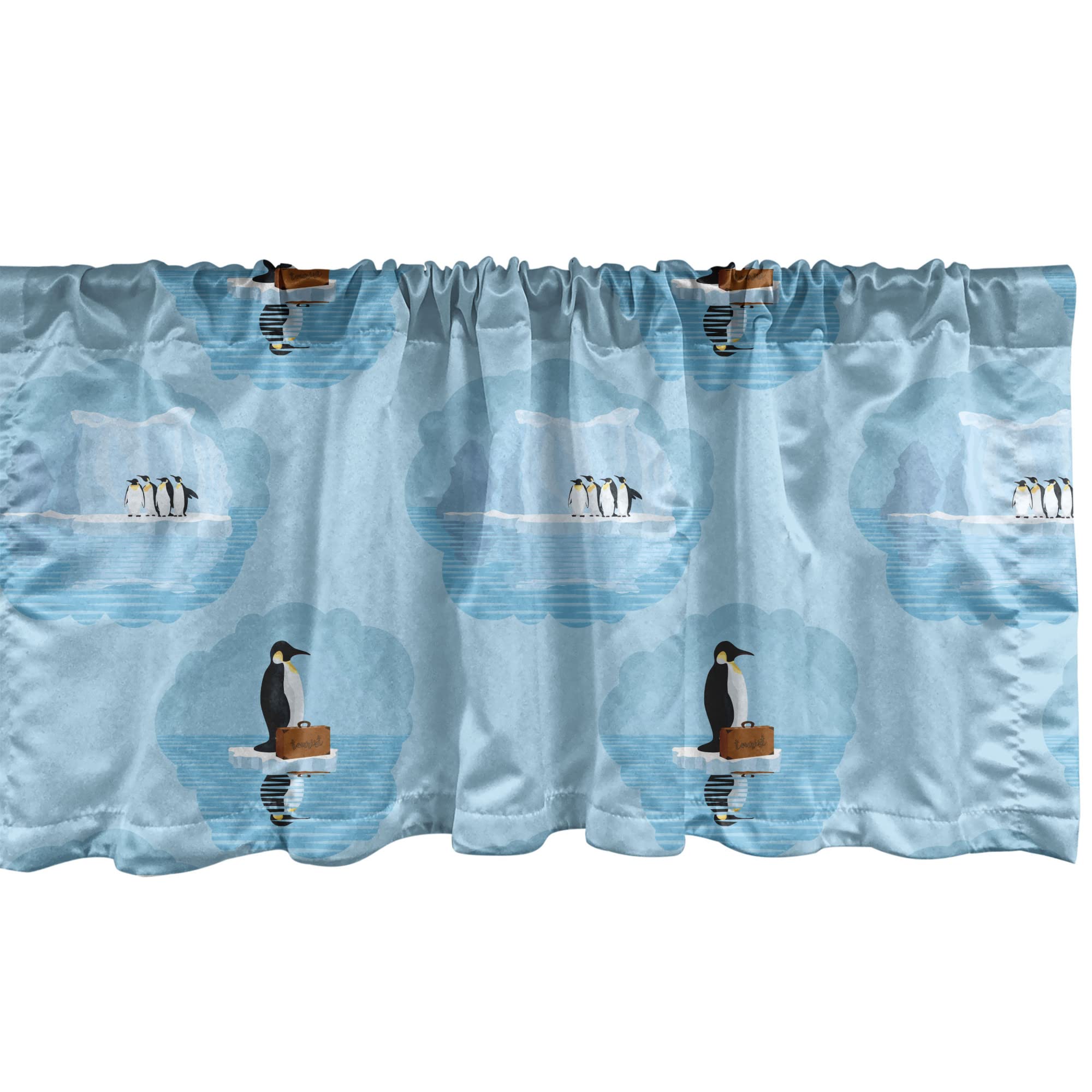 Ambesonne Winter Window Valance Set of 2 - Penguin & Snow Glacier Polar Theme Rod Pocket Curtains for Kitchen & Bedroom, 54x18 Inches, Sky Blue & Dark Grey - Cozy Seasonal Home Decor for Living Room & Nursery