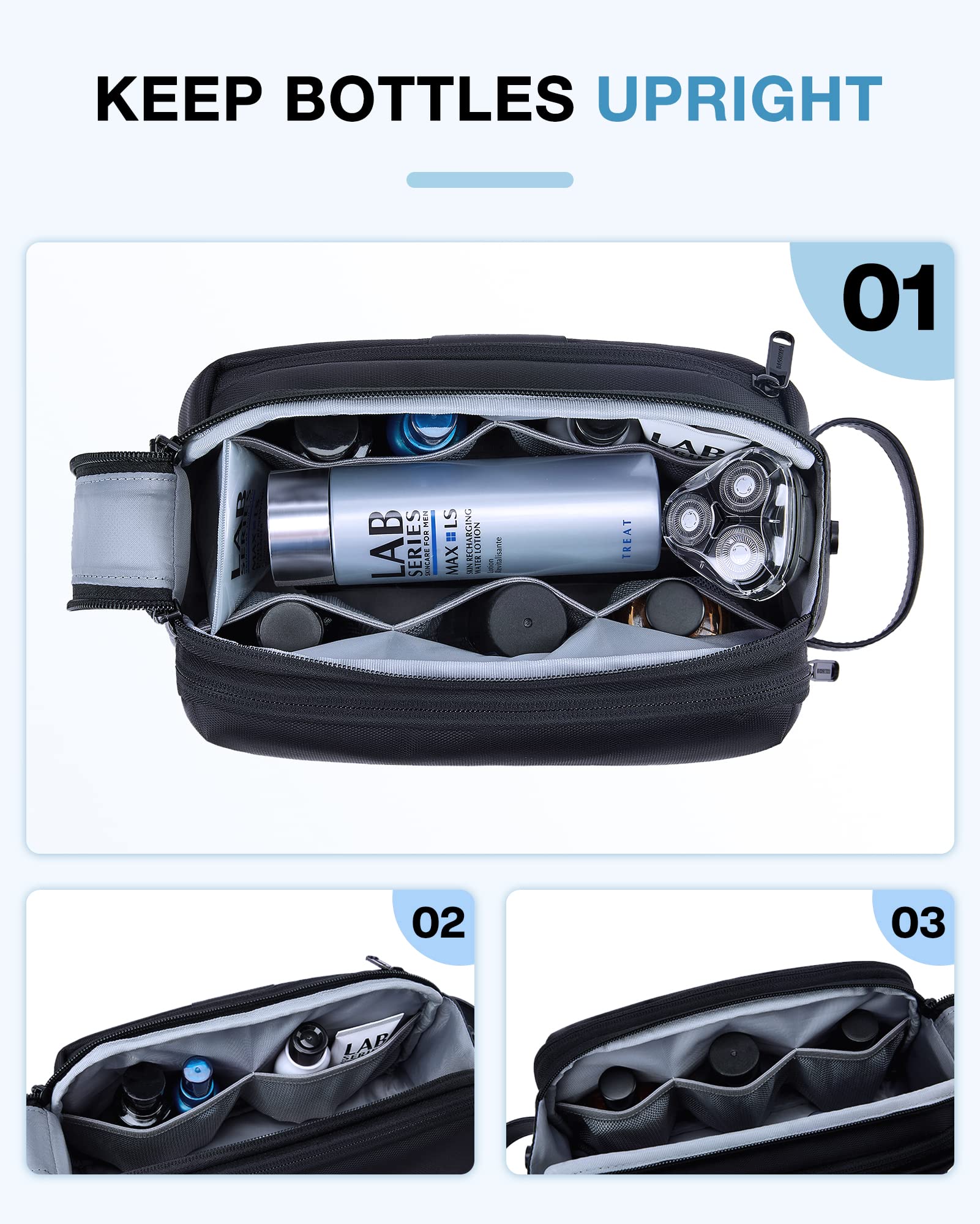 BAGSMART Large Water-resistant Travel Toiletry Bag for Men - Shaving Dopp Kit Organizer with Multiple Pockets, Perfect for Gym, Business Trips & Camping Accessories (Black)