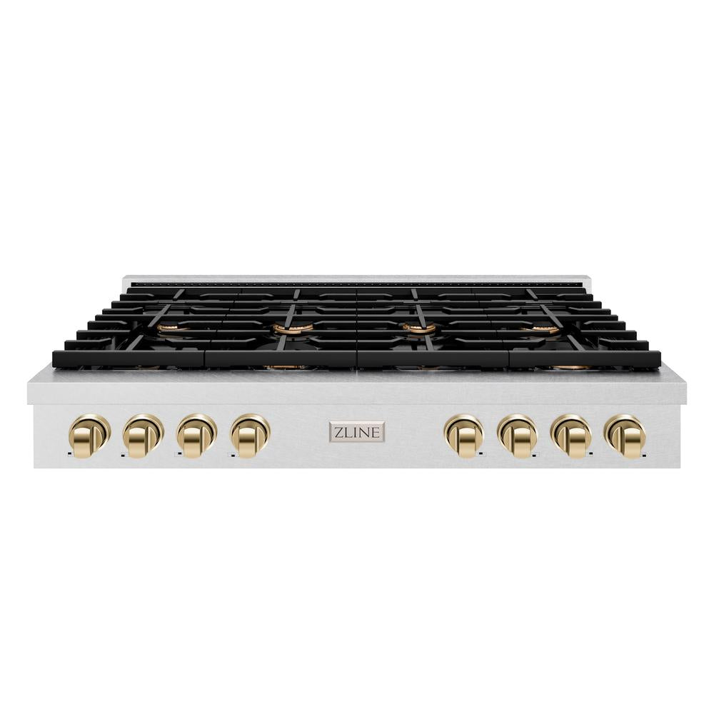 ZLINE 48-Inch Autograph Edition Paramount 8-Burner Gas Rangetop with Porcelain Cooktop - Satin Stainless Steel & Polished Gold Accents (SRTSZ 48 G) - Perfect for Professional Chefs & Luxury Home Kitchens