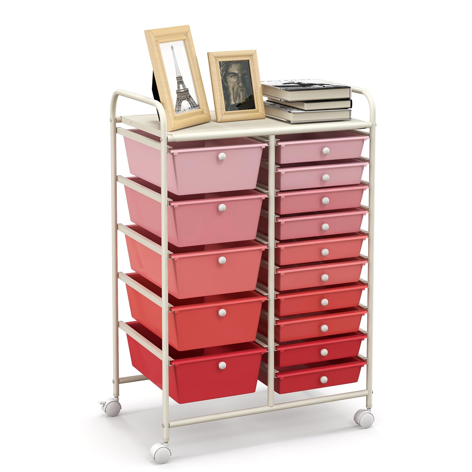 HAPPYGRILL 15-Drawer Rolling Storage Cart Organizer - Mobile Utility Cart with Wheels for Office, School, Home & Workshop - Perfect for Organizing Tools, Paper, Supplies & Stationery