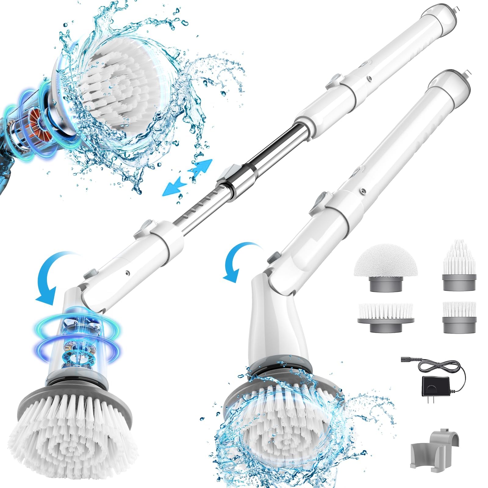 Electric Spin Scrubber Cordless - 1.5H Battery Life with 4 Replacement Heads & Long Handle for Bathroom, Shower, Tub, Tile, Grout & Floor Cleaning - Perfect for Deep Cleaning Hard-to-Reach Areas (White)