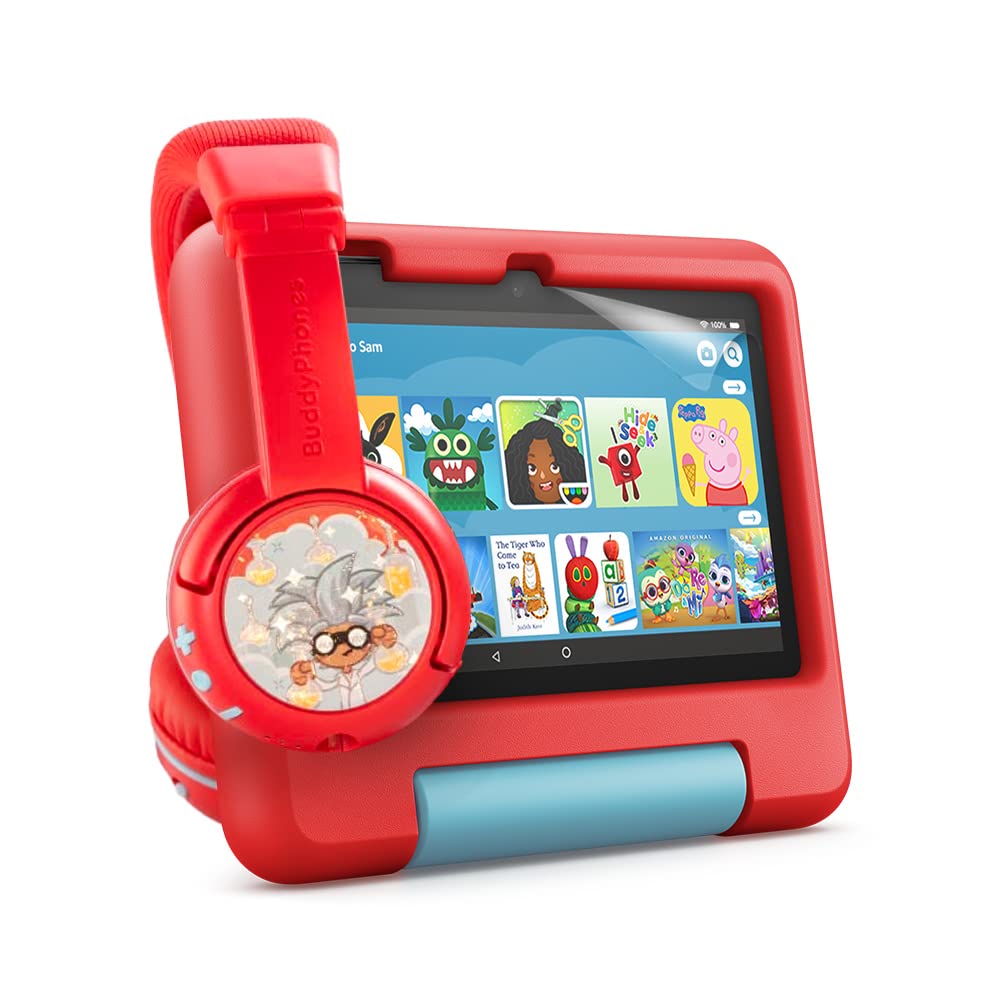 Fire 7 Kids Tablet 32GB - Red | BuddyPhones PlayTime Bluetooth Headphones for Kids - Poppy Red | NuPro 2-Pack Screen Protectors - Perfect for Learning, Travel & Entertainment