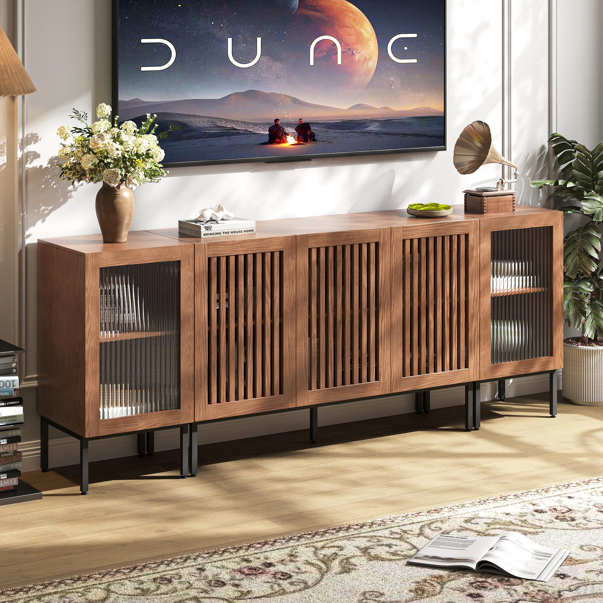 Rustic Farmhouse TV Stand for 85 Inch TVs - Solid Wood Entertainment Center with Storage Cabinets & Glass Doors - Media Console for Living Room, Bedroom, Home Theater - Espresso Brown Finish - Perfect for Modern & Traditional Home Decor