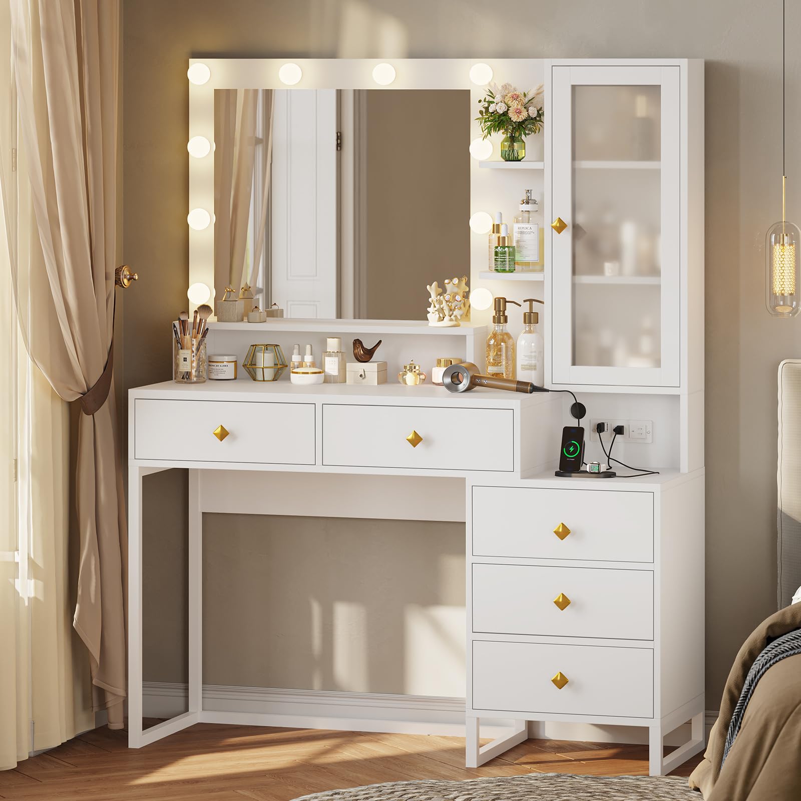 Tiptiper White Makeup Vanity Desk with LED Lights & USB Charging Station - Modern Dressing Table with 5 Drawers, Glass Door & 3 Shelves - Perfect for Bedroom Organization & Beauty Routine
