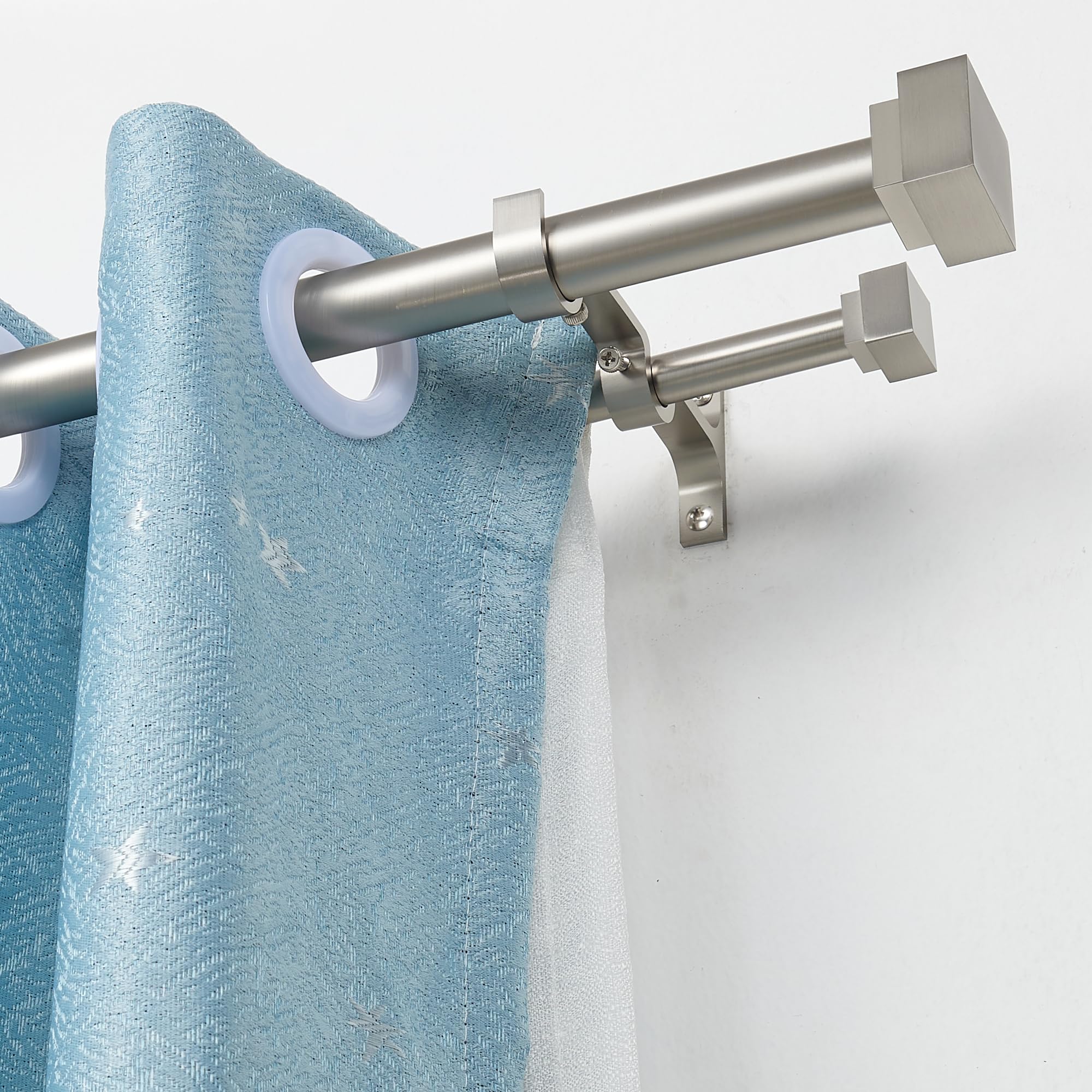1 Inch Modern Double Window Curtain Rods - 72-144 Inch Adjustable Telescoping Heavy Duty Drapery Rods with Decorative Solid Square Allufer Finials - Dual Curtain Rod for Living Room, Bedroom & Home Decor (Brushed Nickel Finish)