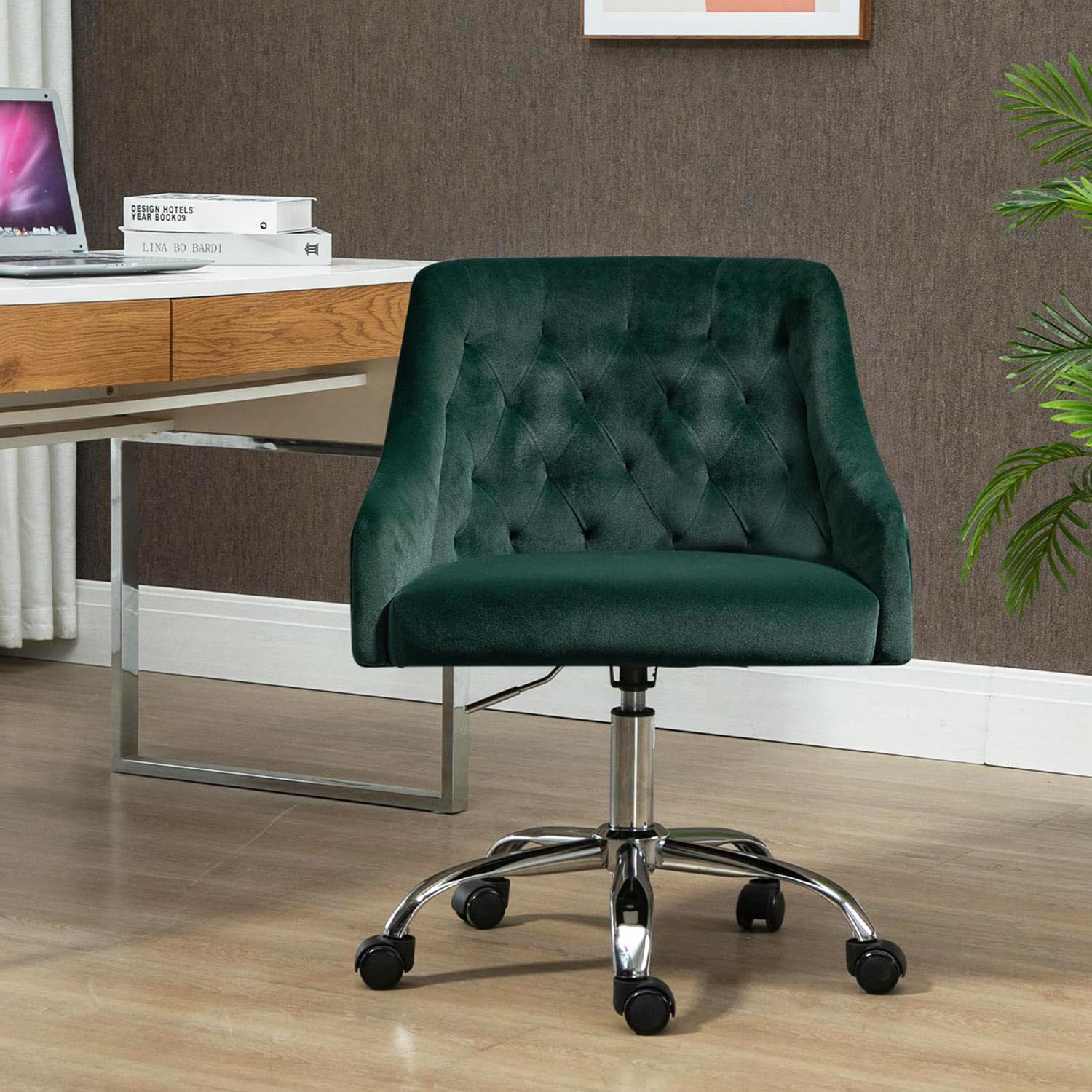 MOJAY Velvet Office Swivel Chair - Luxurious Vanity Fabric Desk Chair with 360° Swivel & Height Adjustable, Elegant Gold Base for Women - Perfect for Home Office, Reception Area & Makeup Vanity (Dark Green)