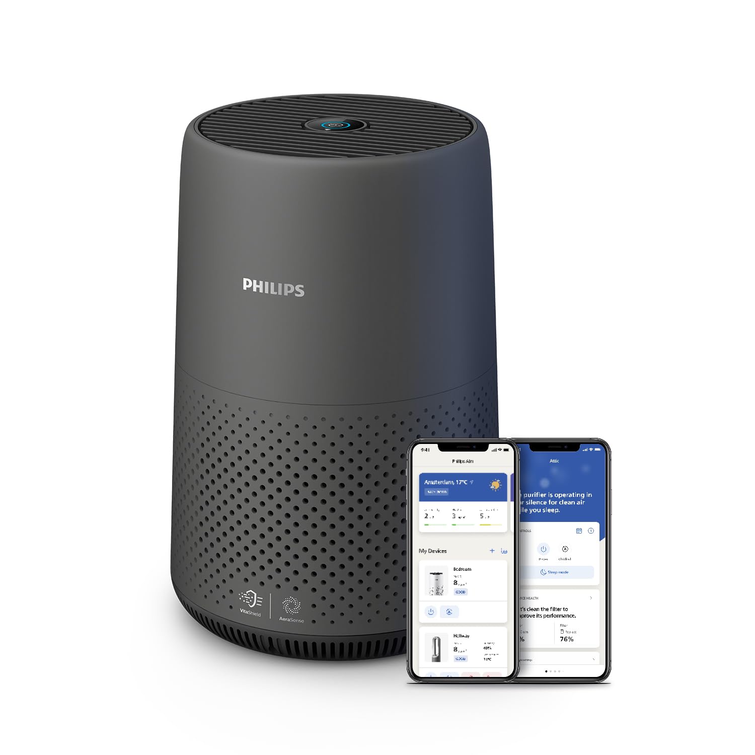 Philips 800i Series Compact Air Purifier for Rooms Up to 49m² - HEPA & Activated Carbon Filter Removes 99.5% of Airborne Particles, Dust & Allergens - Smart WiFi Control via Air+ App - Dark Grey (AC0850/31) - Perfect for Bedrooms, Offices & Living Spaces