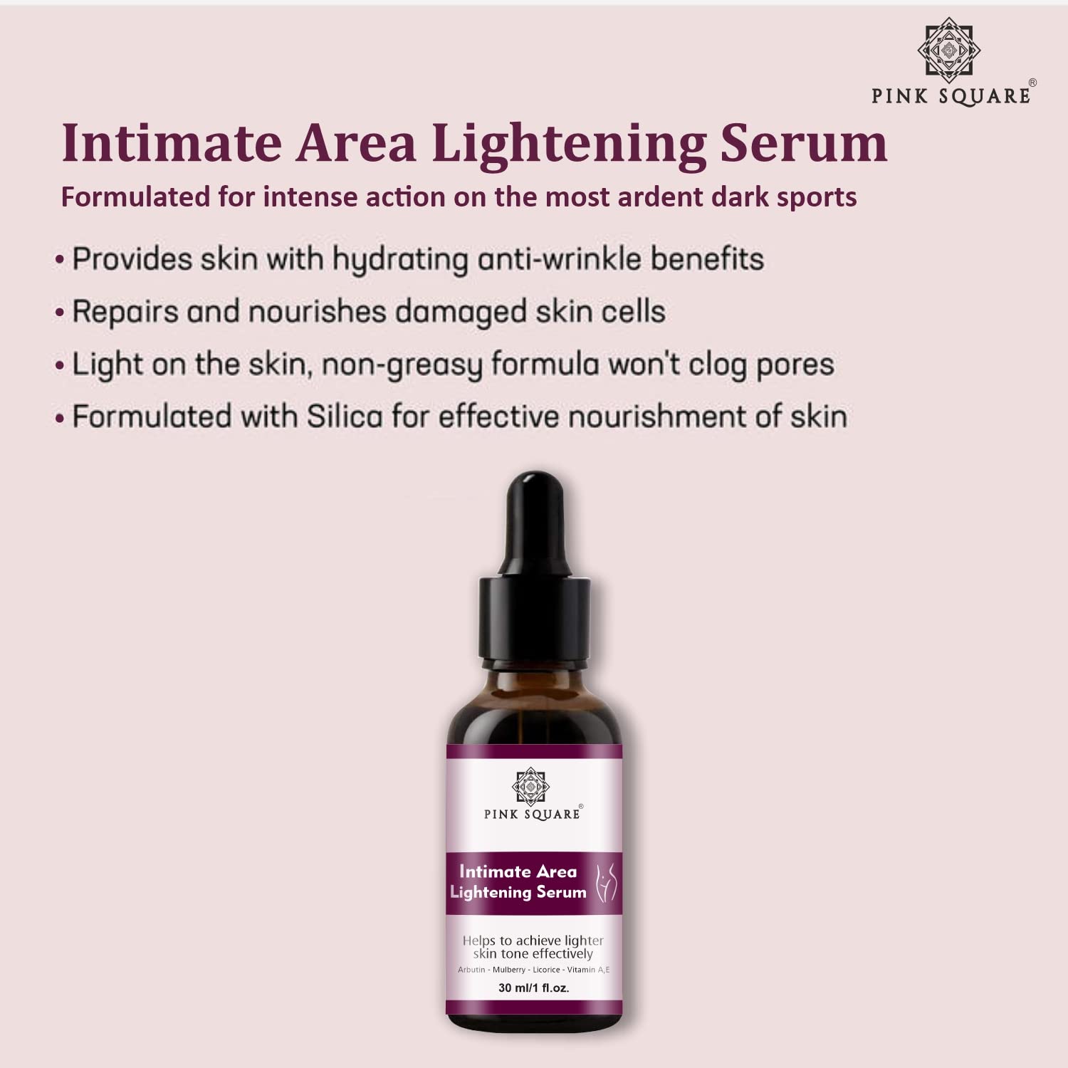 Pink Square Intimate Lightening Serum for Underarms, Inner Thighs, Knees & Bikini Area - 30ml Skin Brightening Cream for Women - Dark Spot Corrector for Sensitive Areas - Perfect for Daily Use & Post-Waxing Care