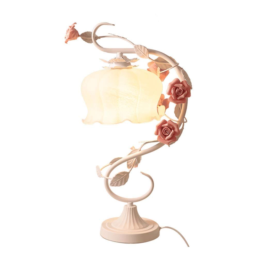 WSSBK Pink Rose Art Table Lamp - Elegant White Iron Vine Base with Glass Shade for Bedroom, Living Room & Girls Room Decor | Perfect for Nightstands, Desks & Cozy Reading Nooks