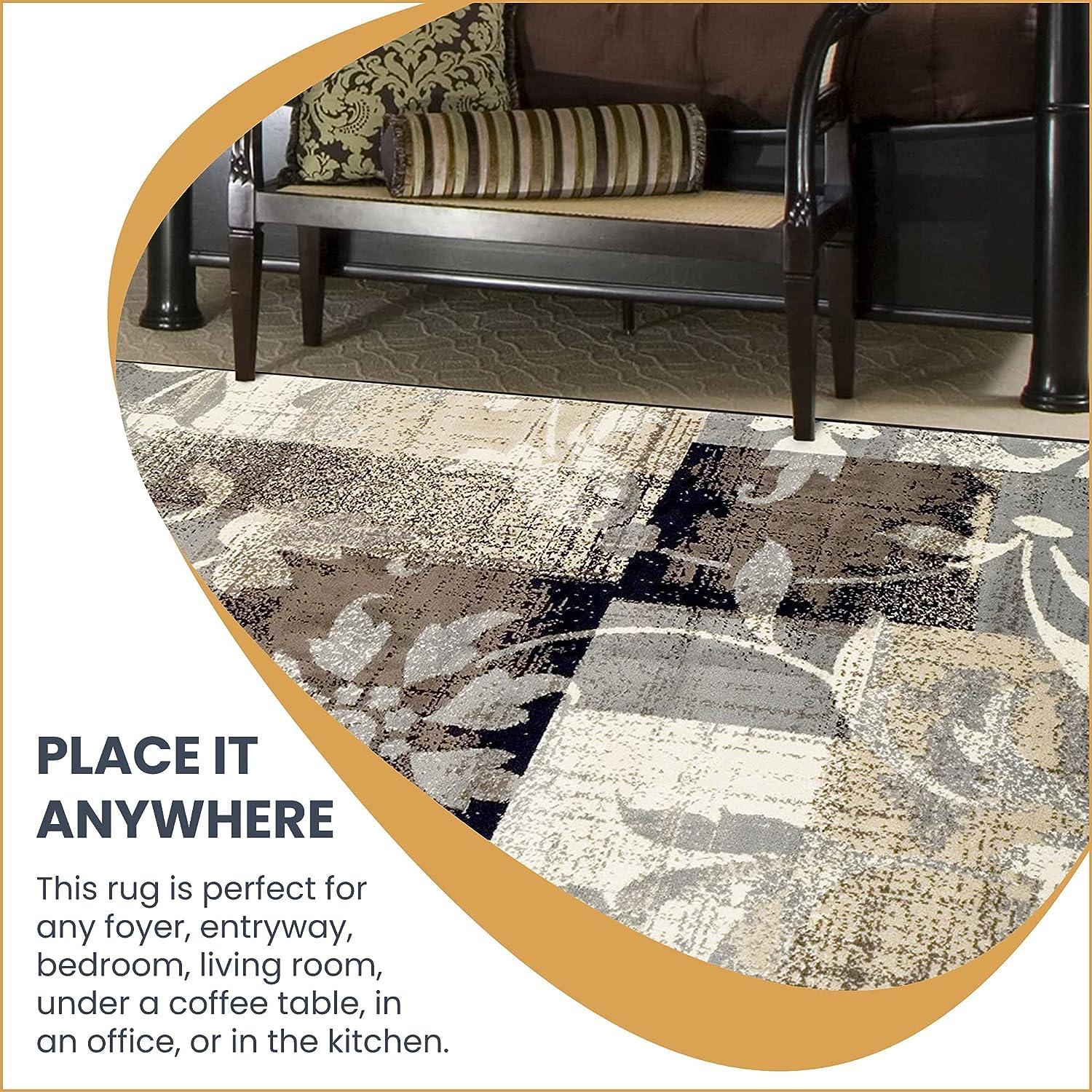 Premium Floral Patchwork Non-Slip Washable Area Rug 10x14 Feet - Soft Brown Indoor Rug for Living Room, Bedroom & Dining Room Decor