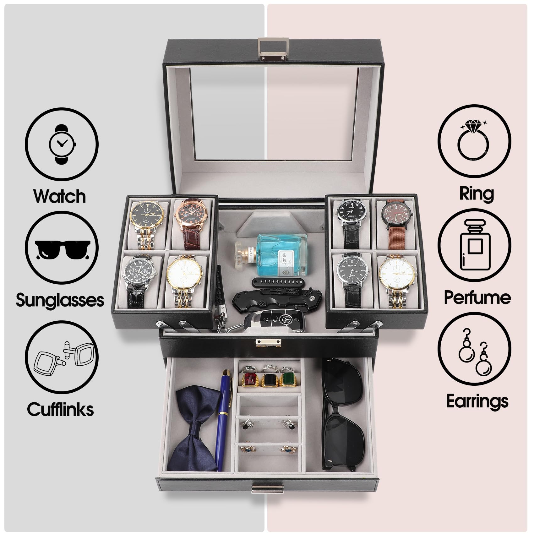 Dajasan 8-Slot Watch Box for Men - 3-Layer PU Leather Watch Display Case with Sunglass Storage Organizer - Perfect for Rings, Jewelry & Gift Giving (Black) - Ideal for Watch Collectors & Travel Storage